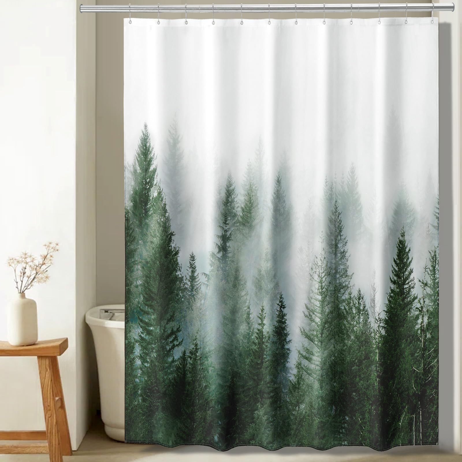 ORTIGIA Dark Green Misty Forest Shower Curtain for Bathroom, Nature Woodland Shower Curtain Set with Hooks, Decorative Pine Tree Fog Magic Bath Curtain for Home, Waterproof Fabric, Weighted, 72x72