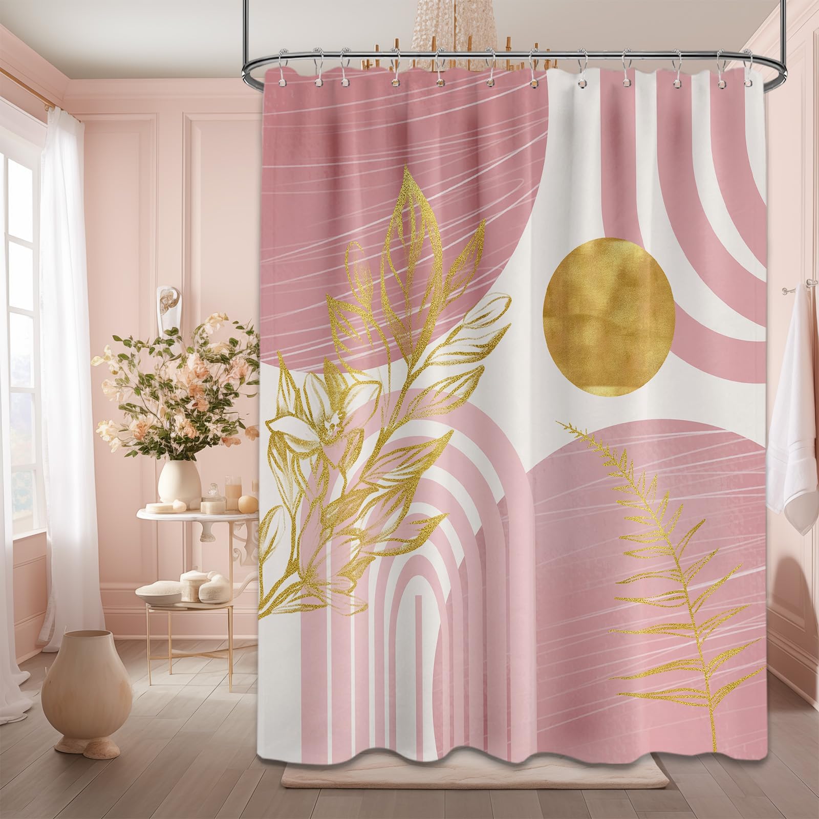 Mid Century Modern Black and Brown Shower Curtain Boho Beige and Dark Tan Gold Shower Curtains for Mens Bathroom Decor Sets, Waterproof Cloth Fabric with Hooks, 70x72in