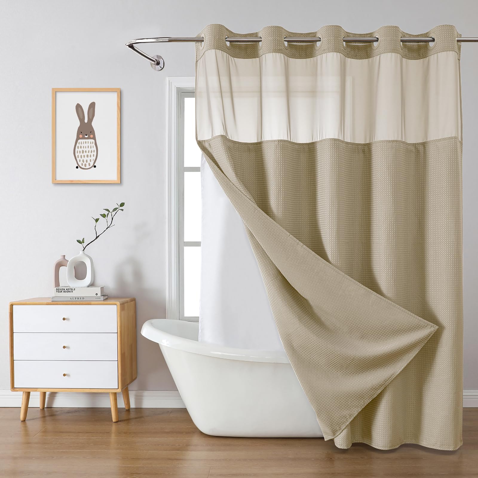 eachope BurntOrange Extra Long No Hook Waffle Weave Shower Curtain with snap-in Liner Replacement, 230GSM Waterproof Fabric Hotel Shower Curtain Set for Bathroom, Through Mesh Top Window,71Wx86H