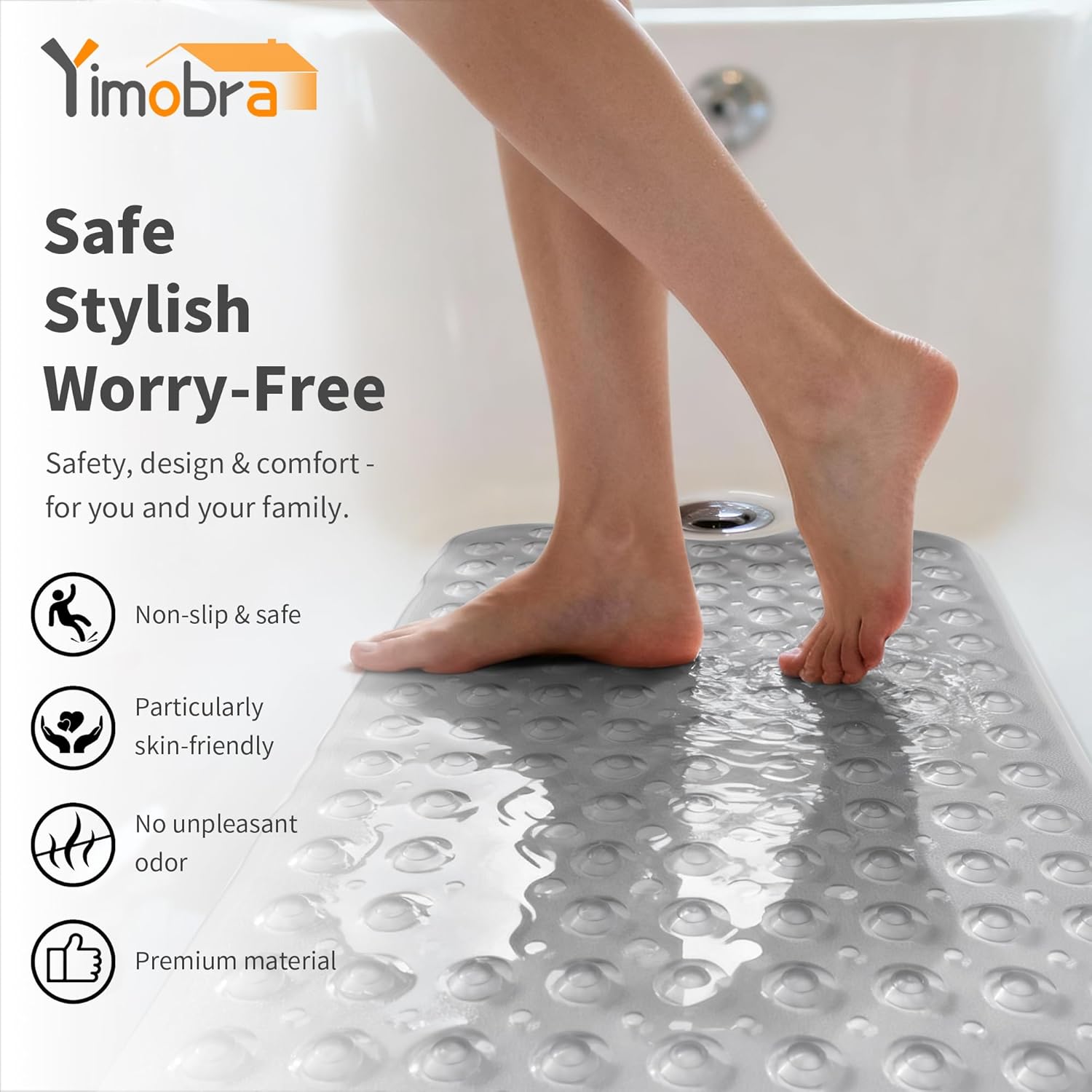 Yimobra Non Slip Bathtub Mat 40"x16", Super Strong Suction Cups, Extra Long Shower Mat with Drain Holes, Machine Washable Fast Draining Bathroom Floor Mat, Clear Grey