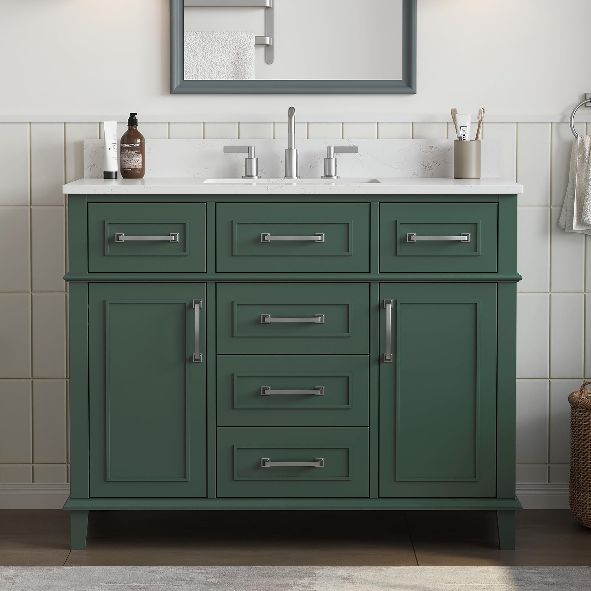 48 Inch Bathroom Vanity with Sink, Modern Steel Blue Bathroom Vanities with Soft Closing Doors & Dovetail Drawers, Quartz Countertop, No Assembly Required