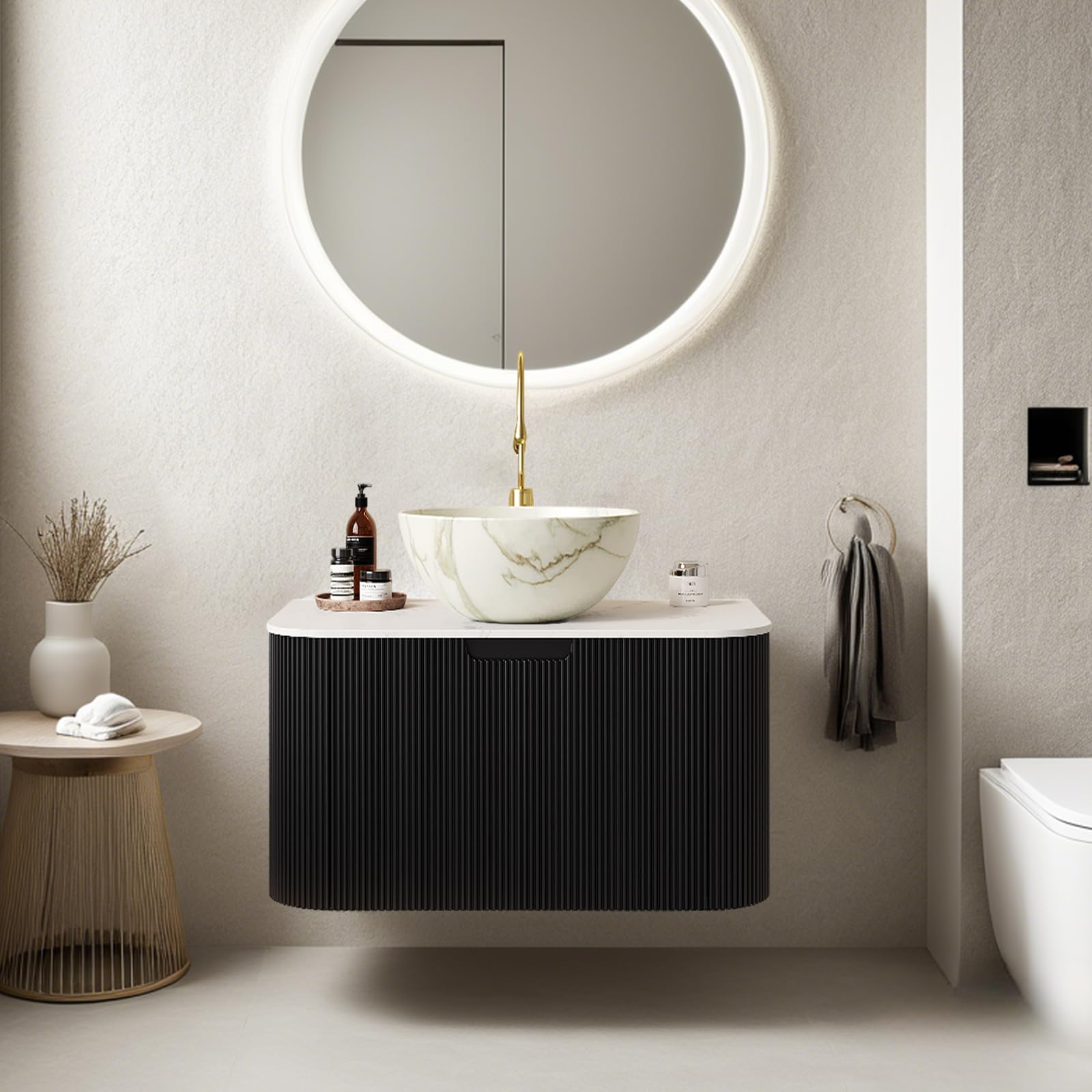 24-Inch Modern Bathroom Vanity with Sink, Floating Cabinet with Ultra-Thin Ceramic Basin and Marble Top, Extra Large Storage Drawer, Soft-Close Design, Nature Wood