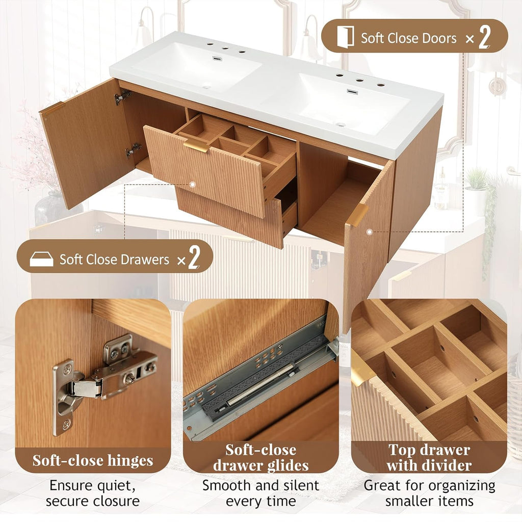 60" Bathroom Vanity with Sink Combo, Floating Double Sink Bathroom Vanity with SMC Resin Top, MDF Cabinet with Solid Wood Frame, Wall-Mounted Bath Room Vanities for Large Bathrooms, Wood