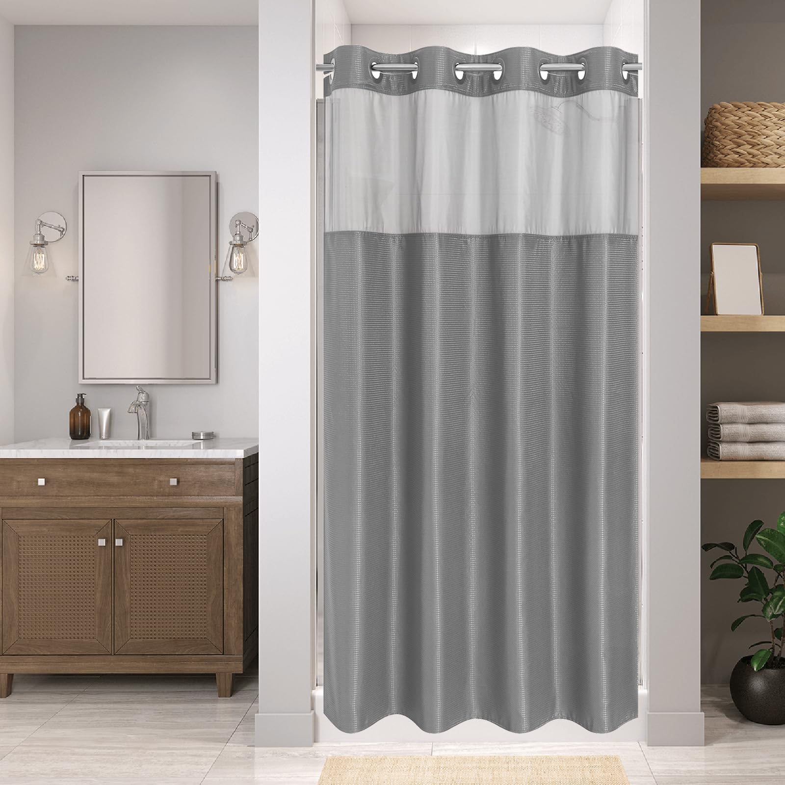 eachope Stall No Hook Shower Curtain with Snap-in Fabric Liner Set,Waffle Weave Shower Curtains for Bathroom,Hotel Luxury Decor Bathroom Curtain Set,Waterproof & Washable,White,54Wx80H