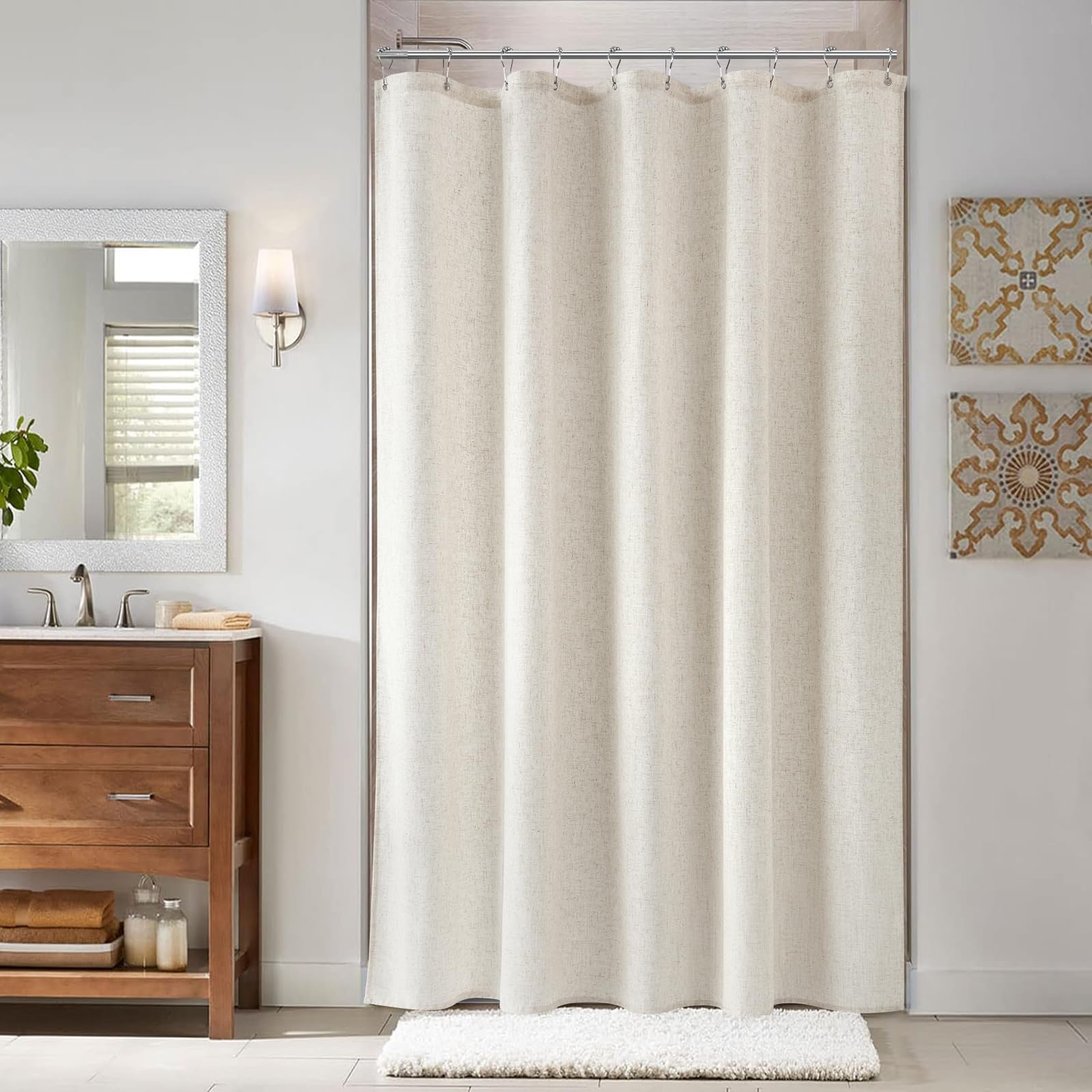 Naturoom Natural Linen Shower Curtain, Country Boho Farmhouse Bath Decor Beige Shower Curtains for Bathroom Neutral Cloth Weighted Textured Fabric Bath Curtain Liner with Hooks, Cream, 72 Inch