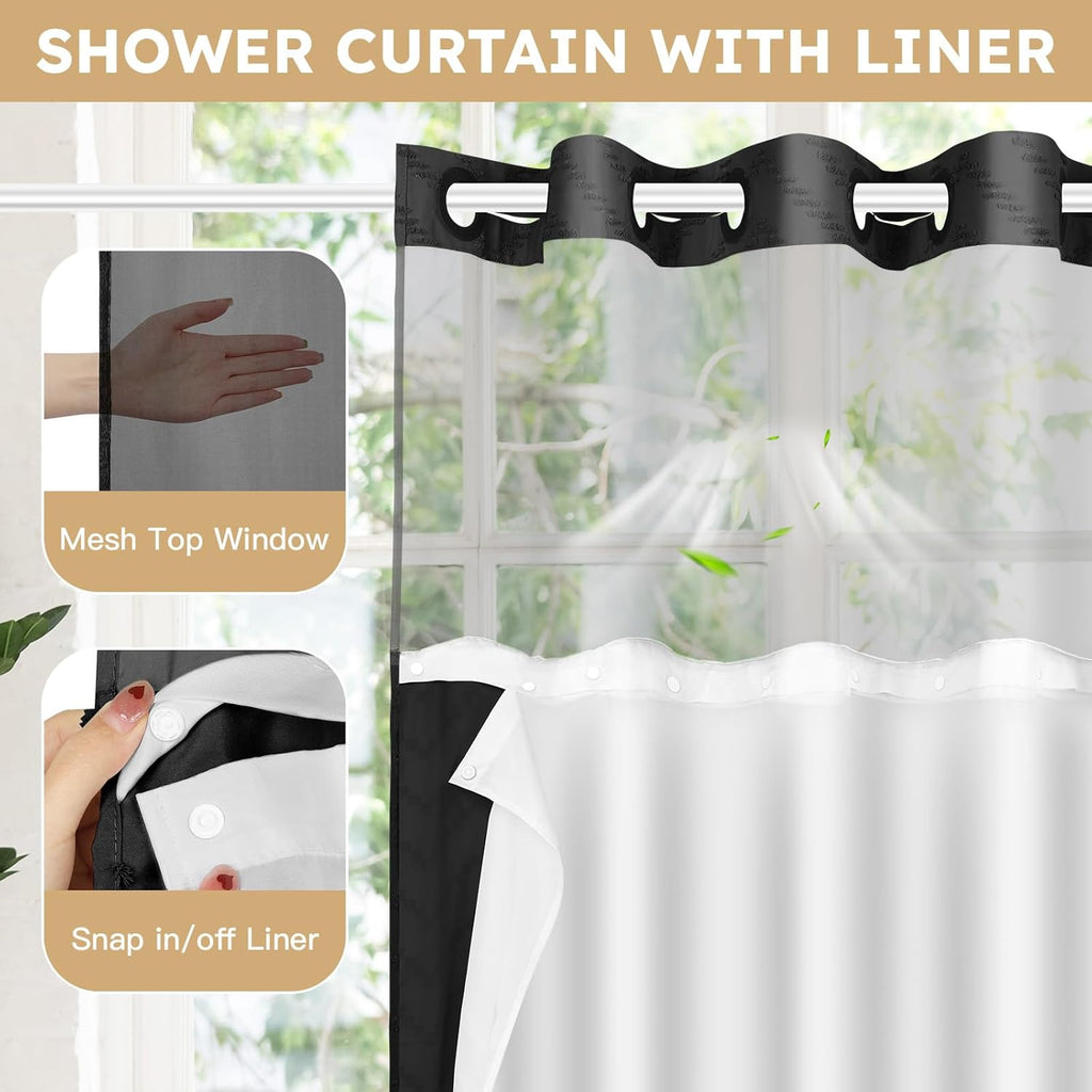 FADOTY No Hook Shower Curtain and Liner Set, Black Snap in Shower Curtain Ringless Chevron Tufted Cloth Waterproof Washable Fabric Bath Curtain with See Through Top Window for Bathroom Hotel 71" x 74"