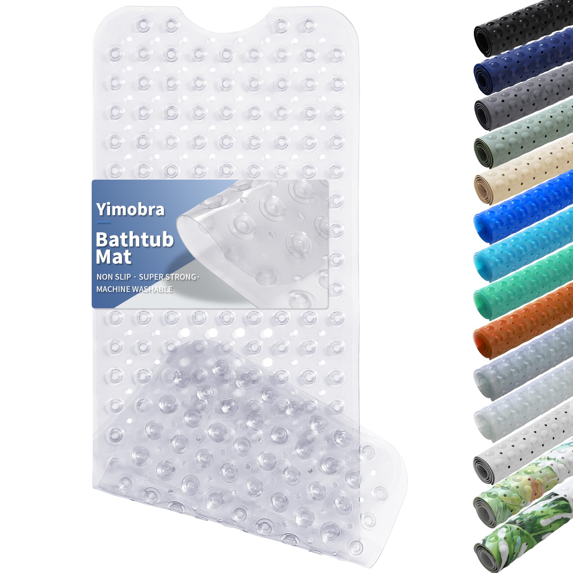 Yimobra Non Slip Bathtub Mat 40"x16", Super Strong Suction Cups, Extra Long Shower Mat with Drain Holes, Machine Washable Fast Draining Bathroom Floor Mat, Clear Grey