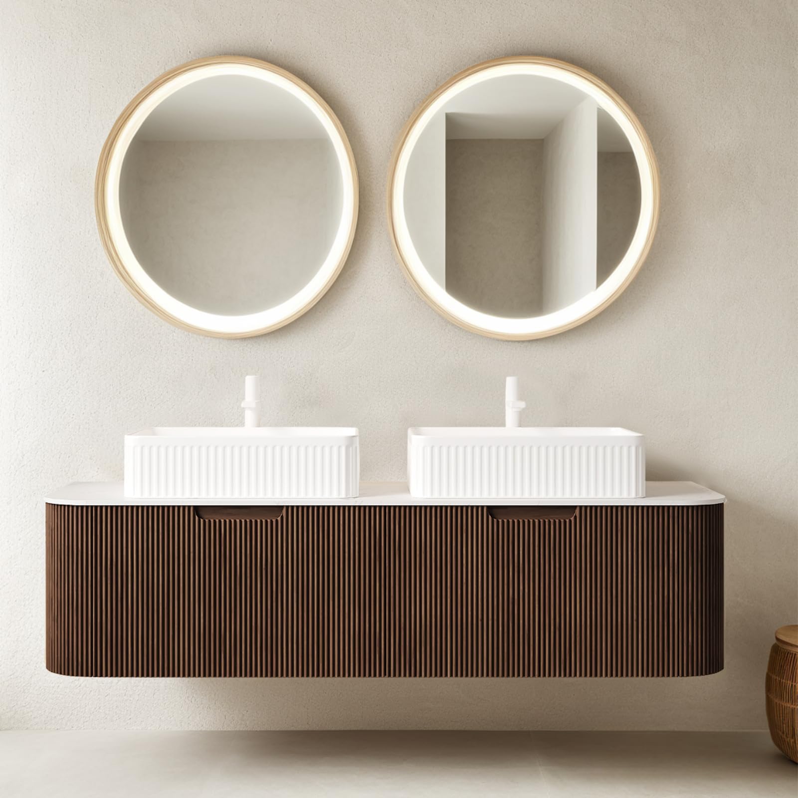 24-Inch Modern Bathroom Vanity with Sink, Floating Cabinet with Ultra-Thin Ceramic Basin and Marble Top, Extra Large Storage Drawer, Soft-Close Design, Nature Wood