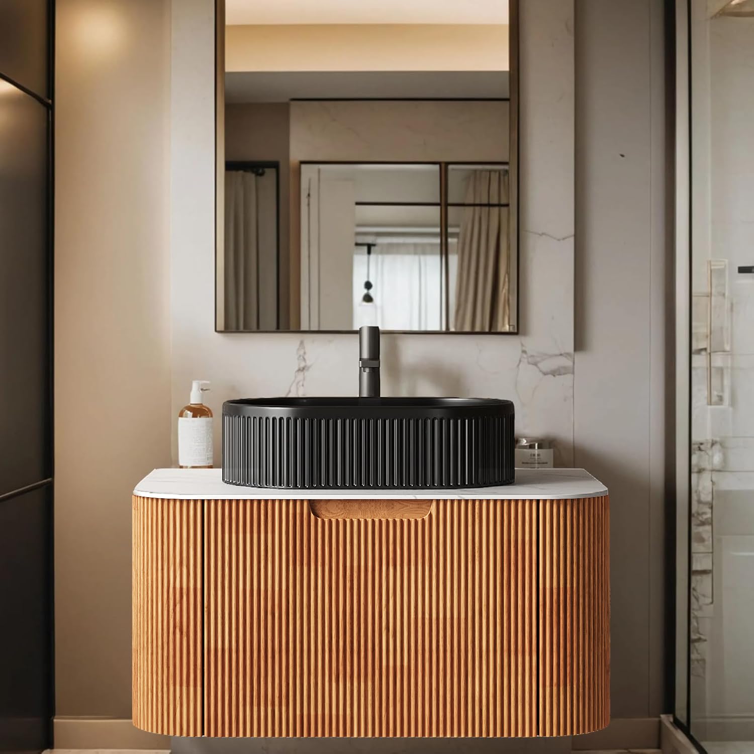 24-Inch Modern Bathroom Vanity with Sink, Floating Cabinet with Ultra-Thin Ceramic Basin and Marble Top, Extra Large Storage Drawer, Soft-Close Design, Nature Wood