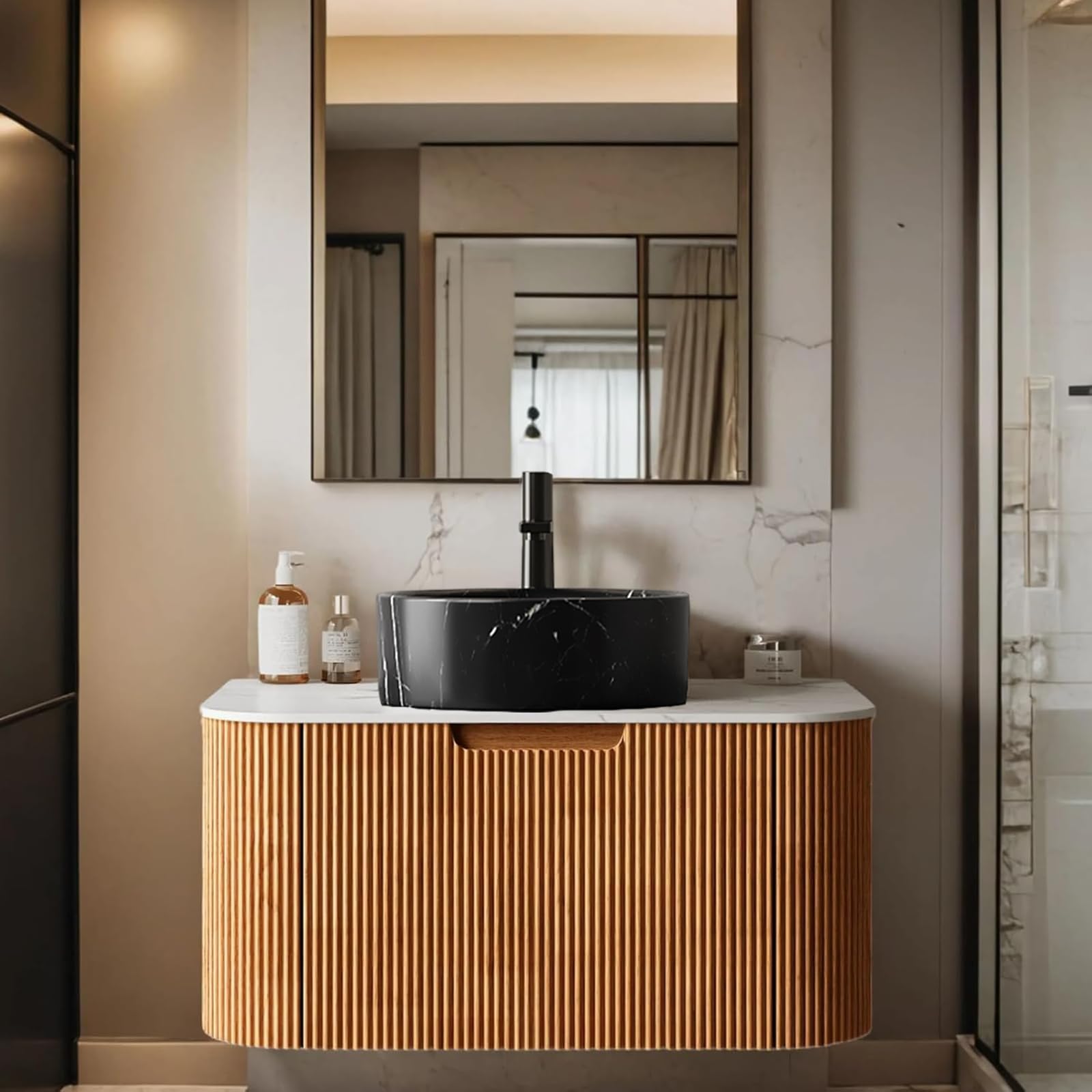 24-Inch Modern Bathroom Vanity with Sink, Floating Cabinet with Ultra-Thin Ceramic Basin and Marble Top, Extra Large Storage Drawer, Soft-Close Design, Nature Wood
