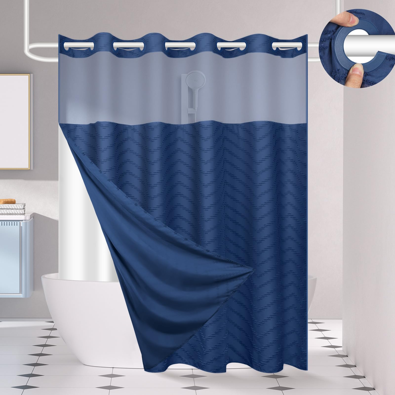 FADOTY No Hook Shower Curtain and Liner Set, Black Snap in Shower Curtain Ringless Chevron Tufted Cloth Waterproof Washable Fabric Bath Curtain with See Through Top Window for Bathroom Hotel 71" x 74"