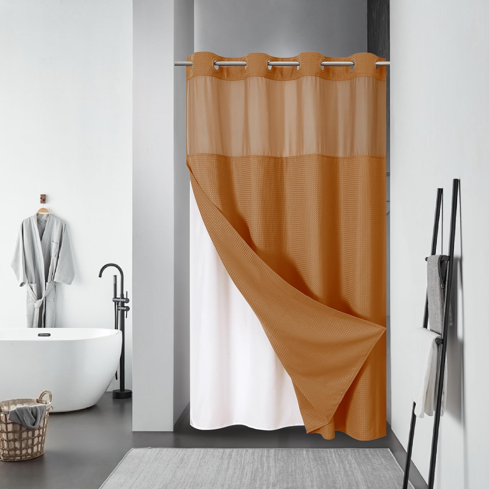 eachope BurntOrange Extra Long No Hook Waffle Weave Shower Curtain with snap-in Liner Replacement, 230GSM Waterproof Fabric Hotel Shower Curtain Set for Bathroom, Through Mesh Top Window,71Wx86H