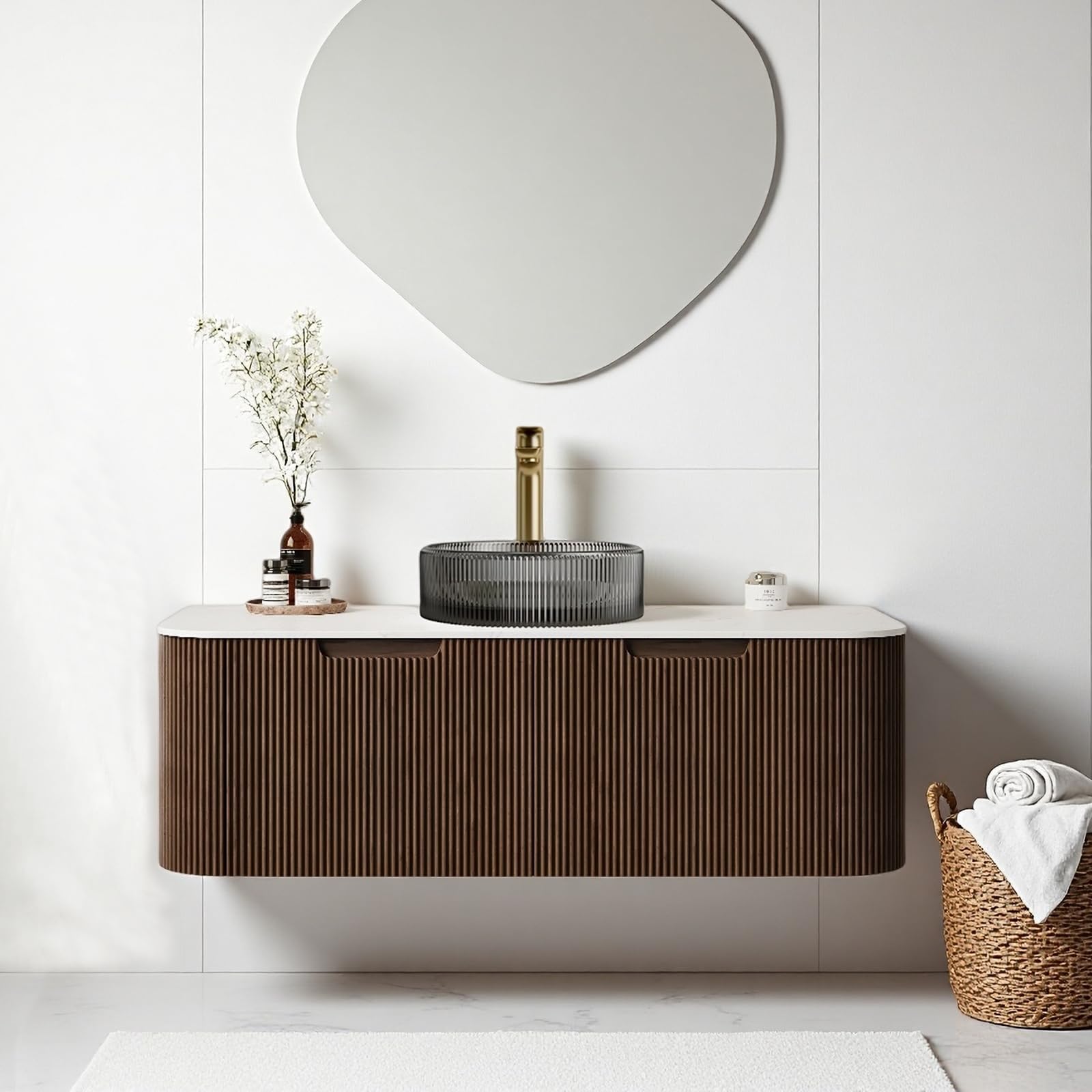 24-Inch Modern Bathroom Vanity with Sink, Floating Cabinet with Ultra-Thin Ceramic Basin and Marble Top, Extra Large Storage Drawer, Soft-Close Design, Nature Wood