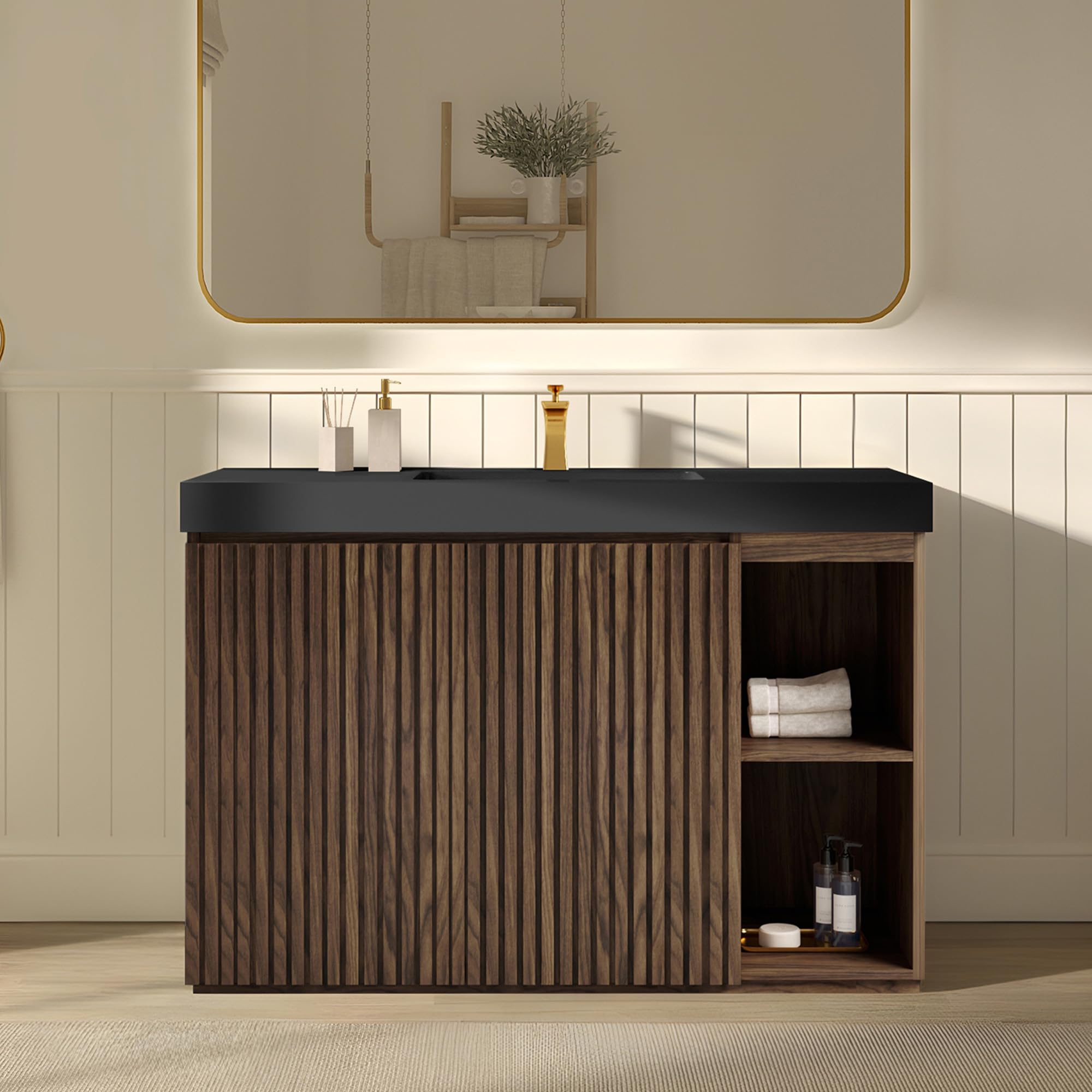 60" Bathroom Vanity with Double Sink, Freestanding Double Sink Bathroom Vanity with White Engineered Stone Top, Open Storage Cabinet & Adjustable Shelf, 4 Soft-Closing Doors, Smoked Oak Brown