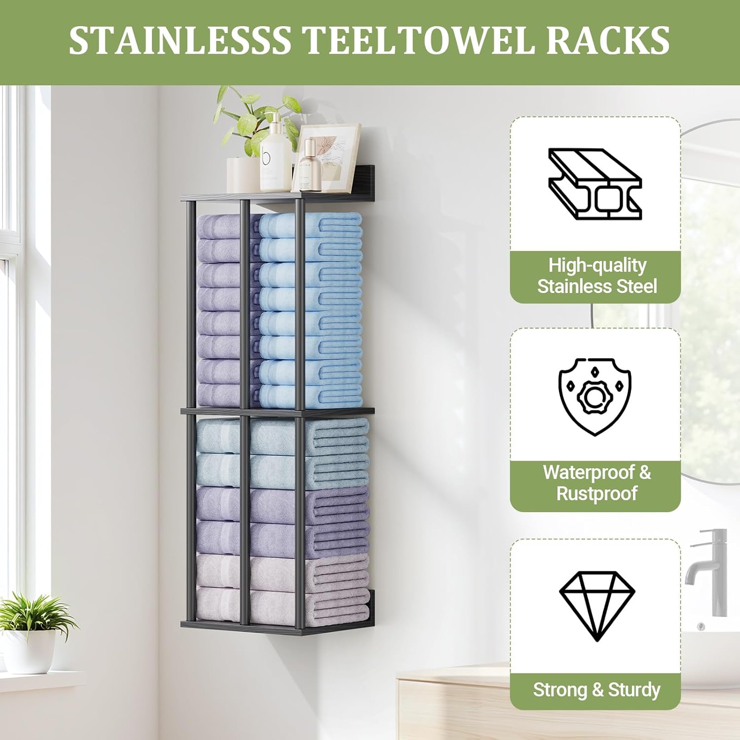 Large Capacity Three-layer Towel Racks for Bathroom Wall Mounted, Updated 3 Bar bath Towel Holder for Bathroom, Bath Towel Rack for Wall Mounted, Metal Small Bathrooms Towel Storage Rack, Balck