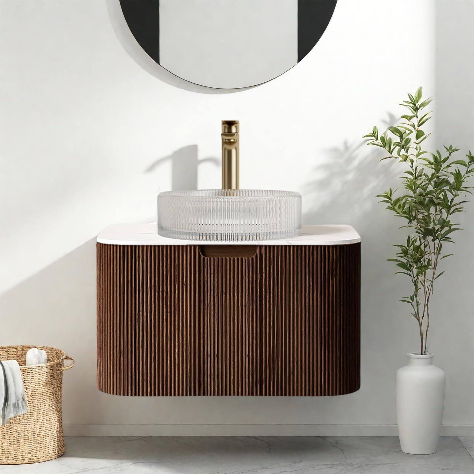 24-Inch Modern Bathroom Vanity with Sink, Floating Cabinet with Ultra-Thin Ceramic Basin and Marble Top, Extra Large Storage Drawer, Soft-Close Design, Nature Wood