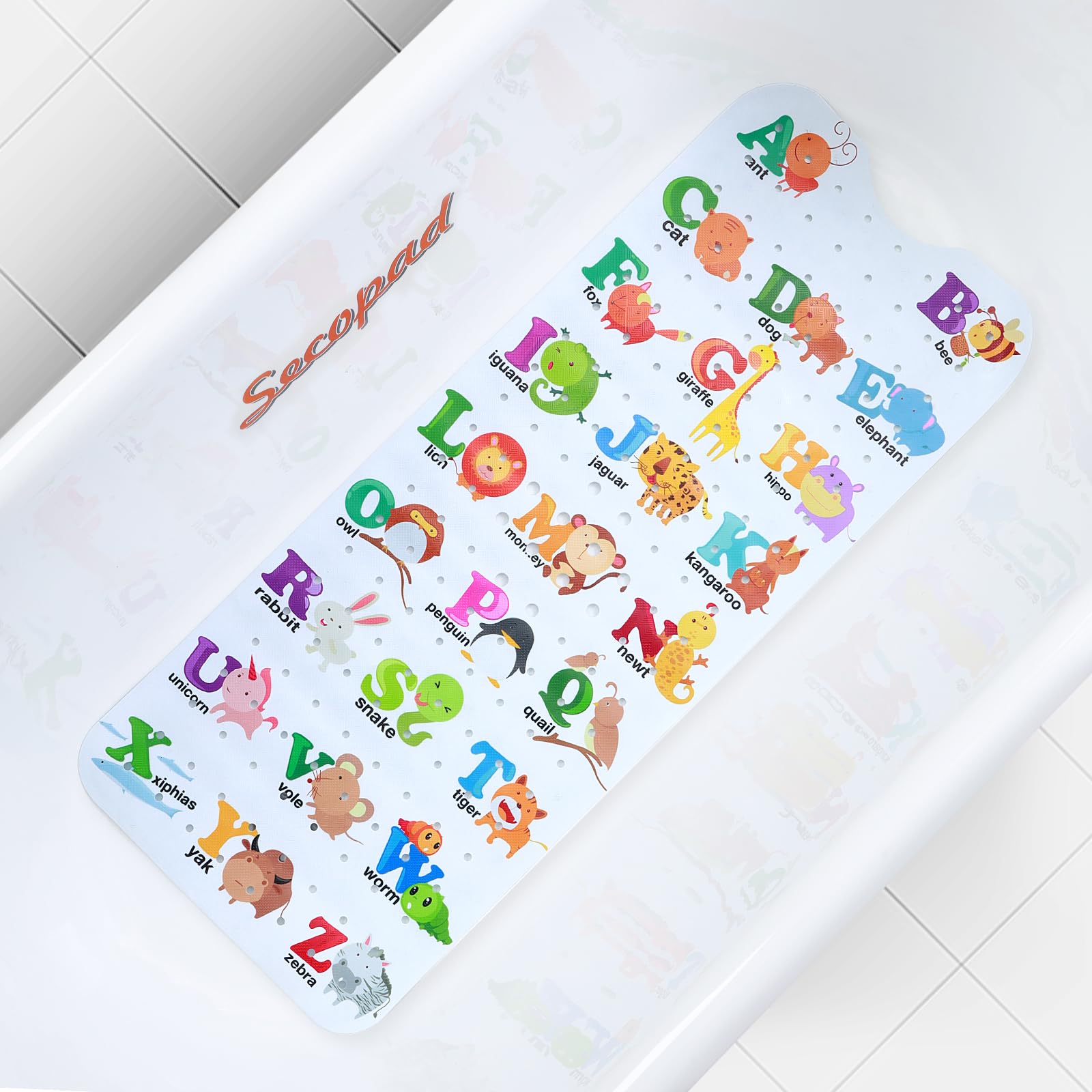 Secopad Bath Mat for Tub Non Slip, Machine Washable Anti-Slip Cartoon Baby Bathtub Shower Mat with Drain Holes and Suction Cups for Toddler & Kids (40 Inch x 16 Inch-Rectangular, Turtles)