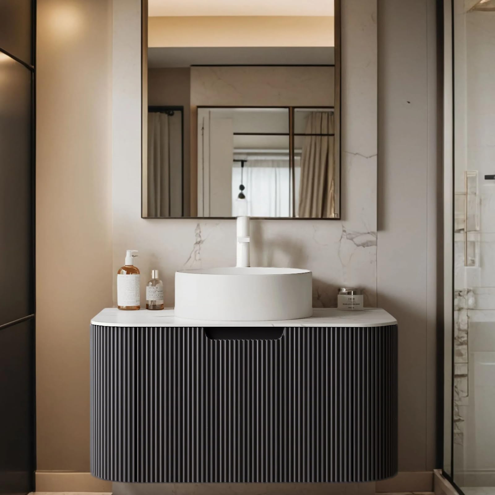 24-Inch Modern Bathroom Vanity with Sink, Floating Cabinet with Ultra-Thin Ceramic Basin and Marble Top, Extra Large Storage Drawer, Soft-Close Design, Nature Wood