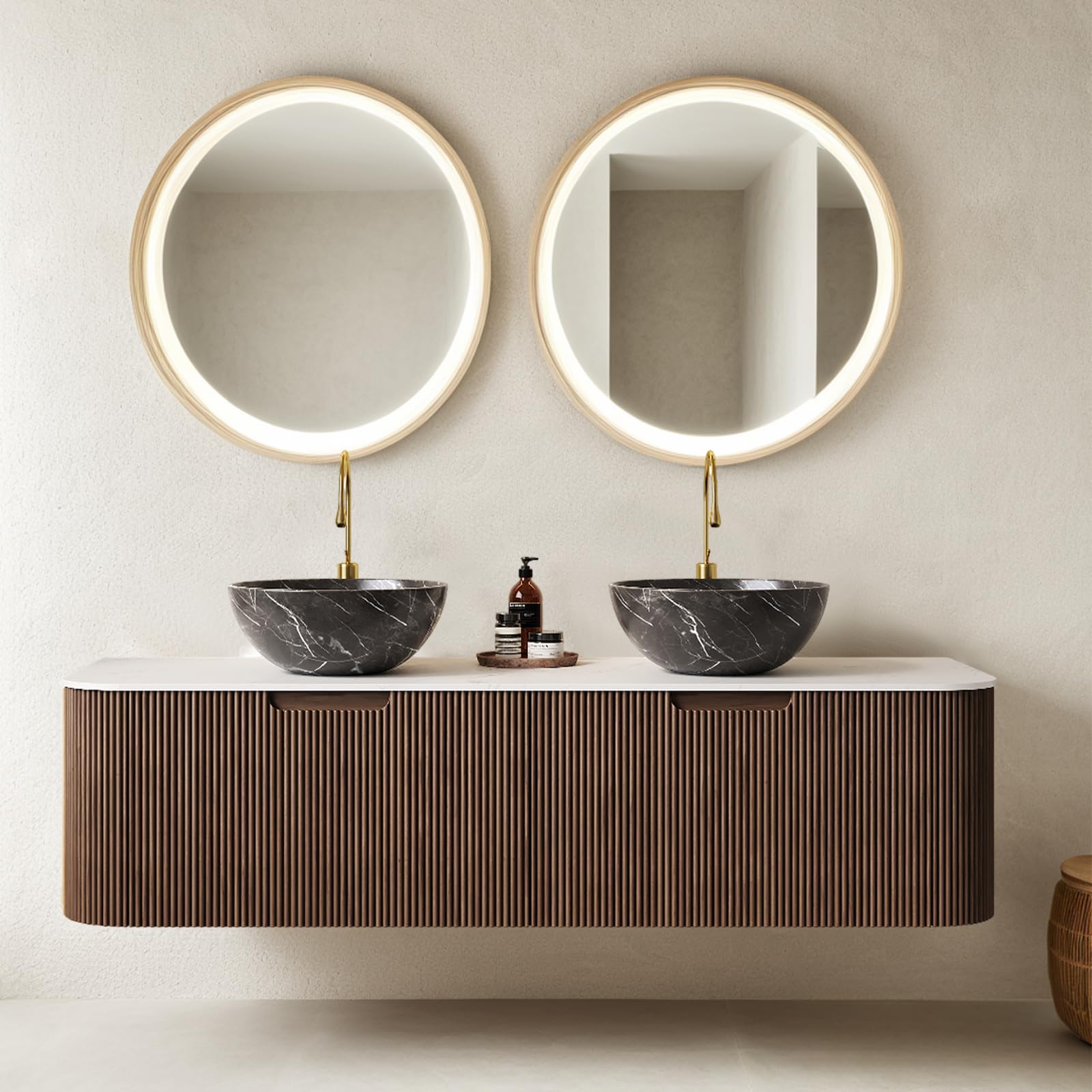 24-Inch Modern Bathroom Vanity with Sink, Floating Cabinet with Ultra-Thin Ceramic Basin and Marble Top, Extra Large Storage Drawer, Soft-Close Design, Nature Wood