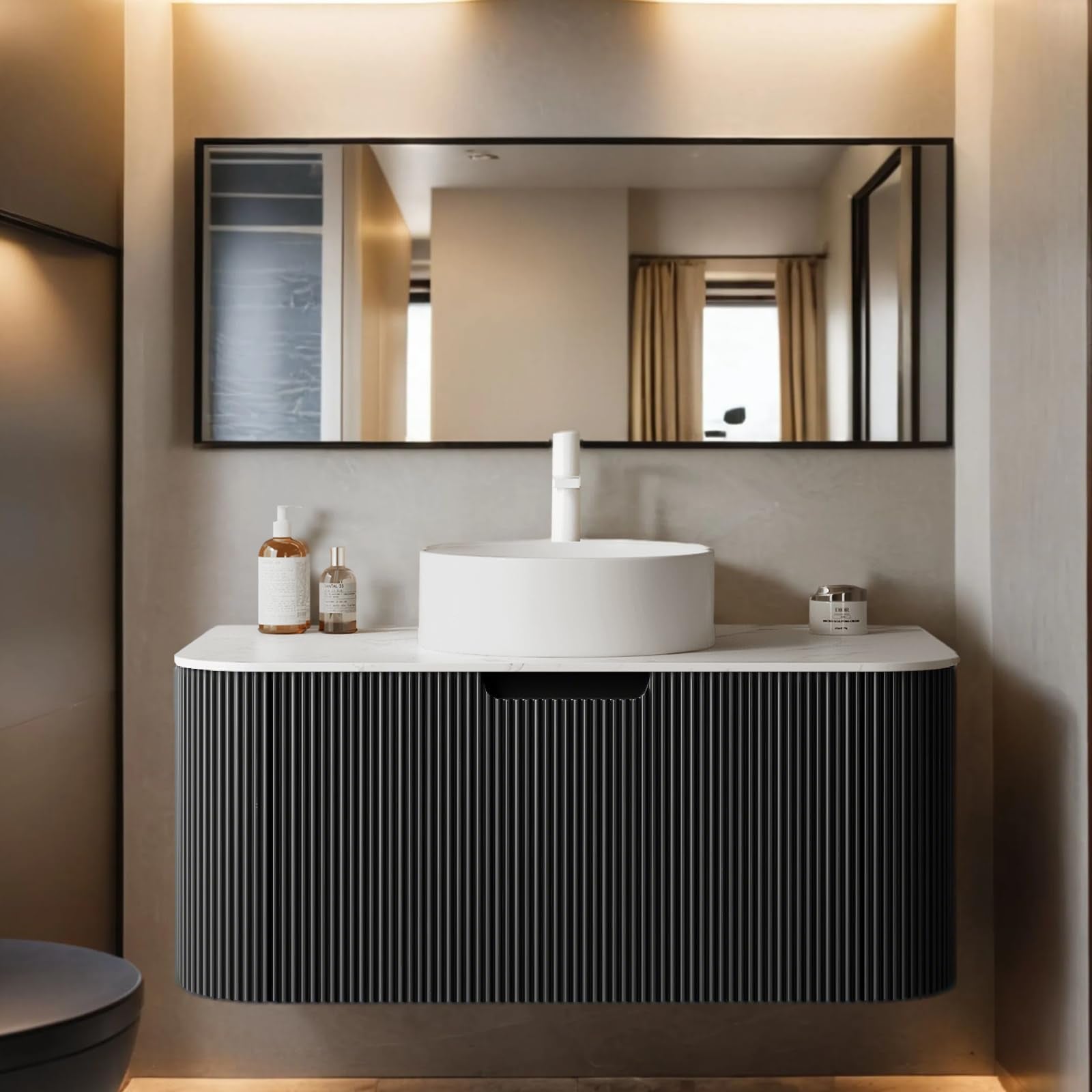 24-Inch Modern Bathroom Vanity with Sink, Floating Cabinet with Ultra-Thin Ceramic Basin and Marble Top, Extra Large Storage Drawer, Soft-Close Design, Nature Wood
