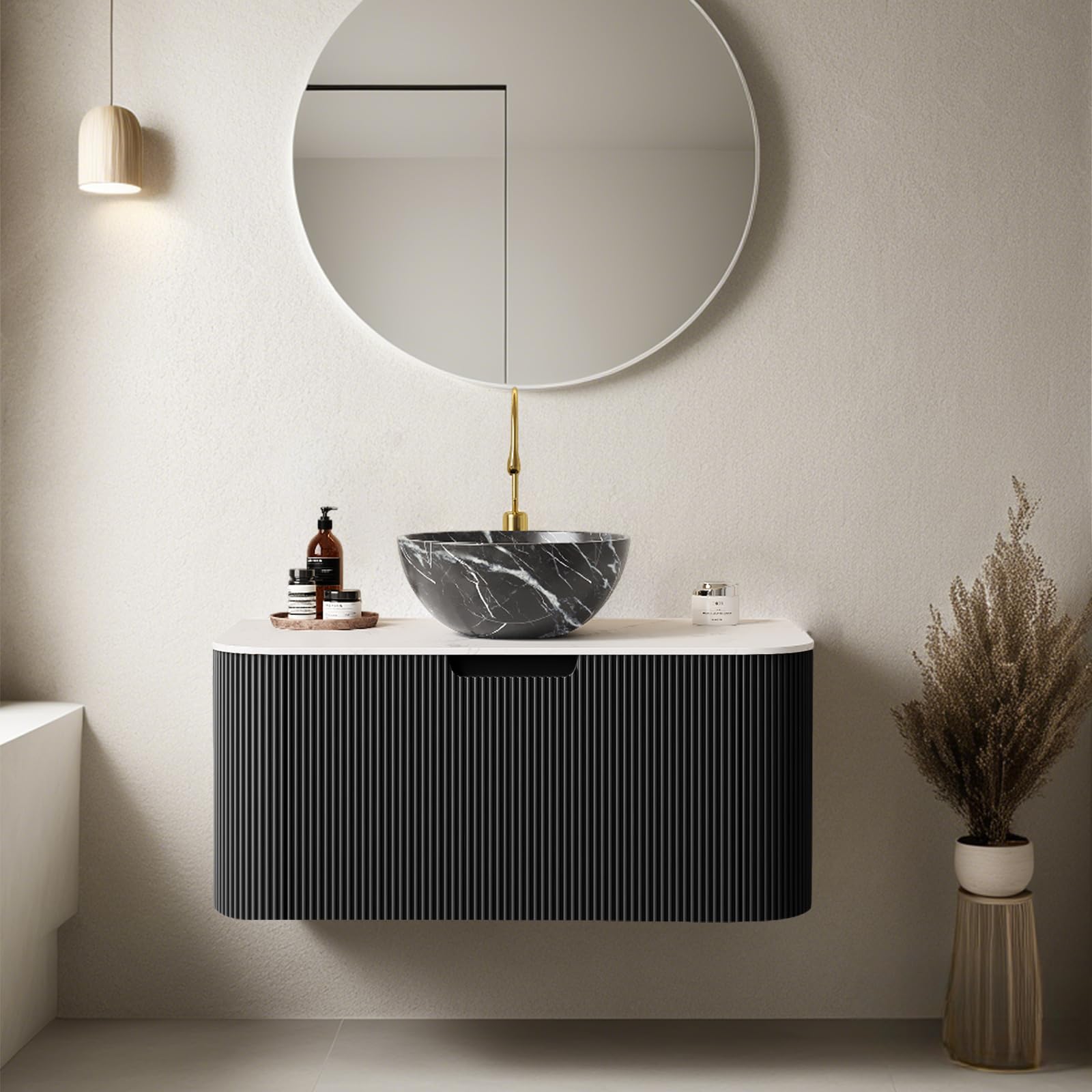 24-Inch Modern Bathroom Vanity with Sink, Floating Cabinet with Ultra-Thin Ceramic Basin and Marble Top, Extra Large Storage Drawer, Soft-Close Design, Nature Wood