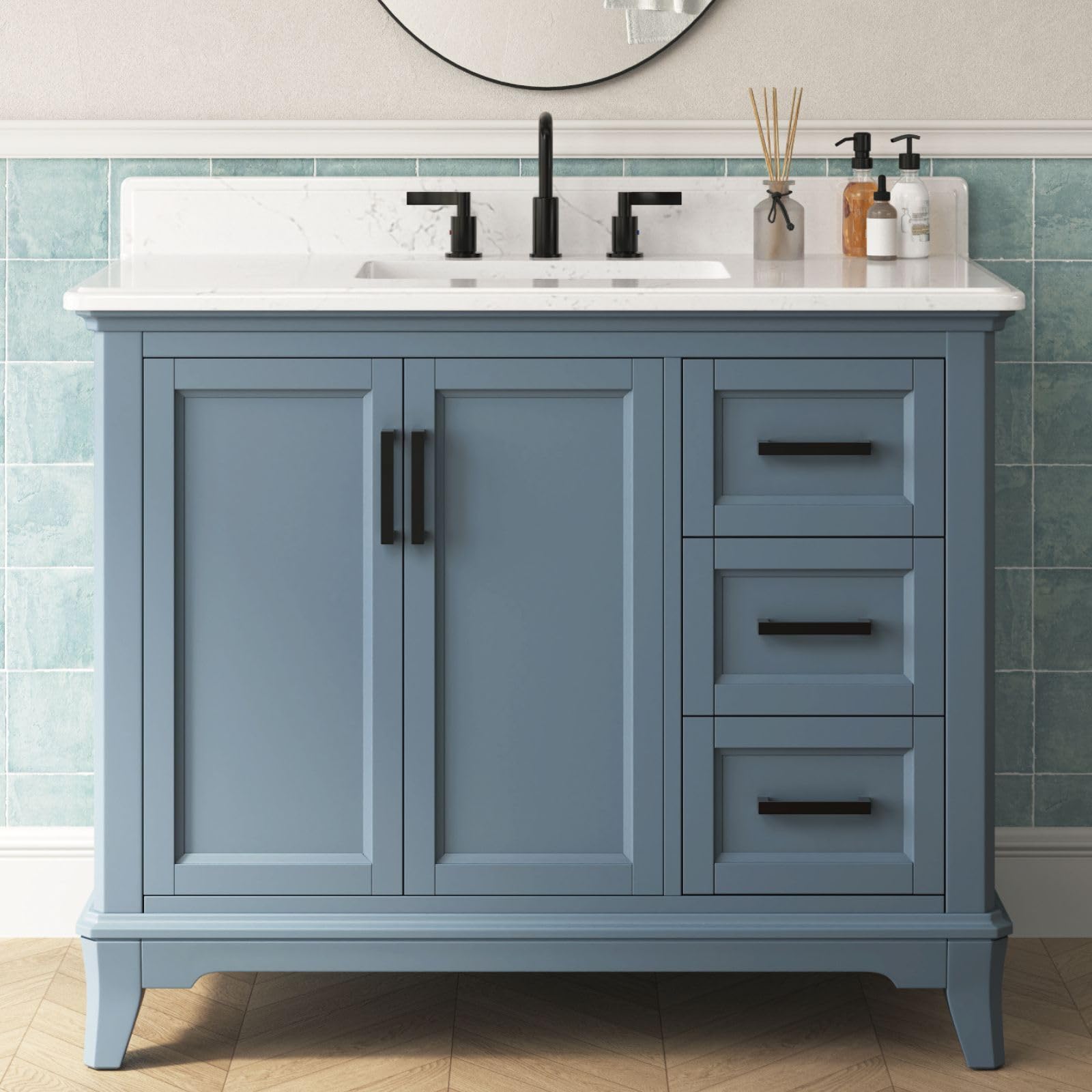 48 Inch Bathroom Vanity with Sink, Modern Steel Blue Bathroom Vanities with Soft Closing Doors & Dovetail Drawers, Quartz Countertop, No Assembly Required