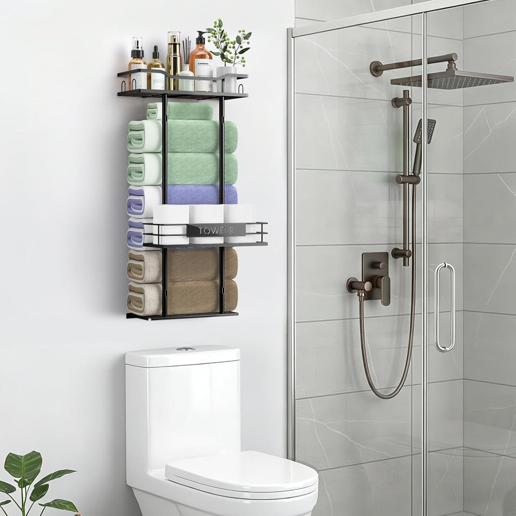 Towel Racks for Bathroom, 30inch Wall Mounted Towel Rack, Towel Storage for Small Bathroom Can Holds 6 Large Towels, Floating Shelf with Adjustable Tissue Basket(Black).