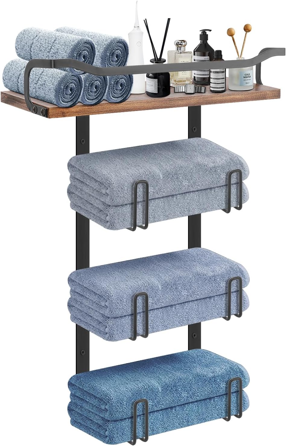 NearMoon Towel Rack with Wooden Shelf, All Metal Rustproof Towel Organizer Holder for Bathroom Storage, Wall Mounted (1 Pack, Matte Black)