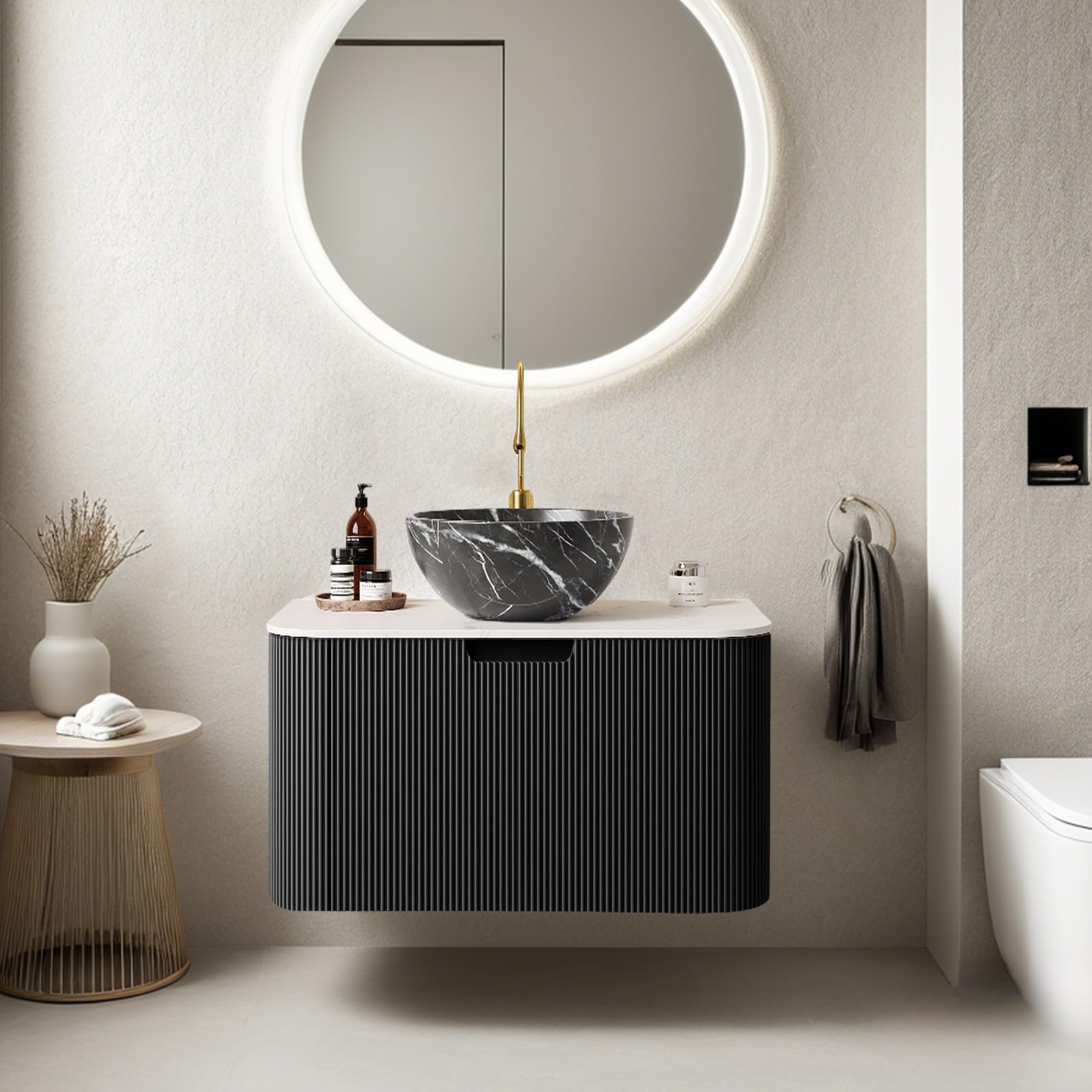 24-Inch Modern Bathroom Vanity with Sink, Floating Cabinet with Ultra-Thin Ceramic Basin and Marble Top, Extra Large Storage Drawer, Soft-Close Design, Nature Wood
