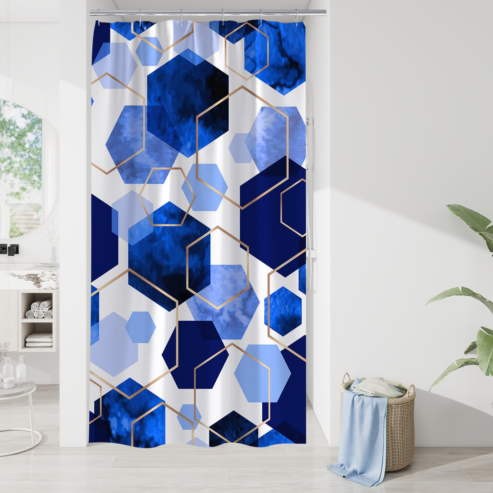 Litabel Blue Shower Curtain Set, Modern Geometric Art Decor Waterproof Bath Curtain, Abstract Fabric Shower Curtain for Bathroom, 72x72 Inch