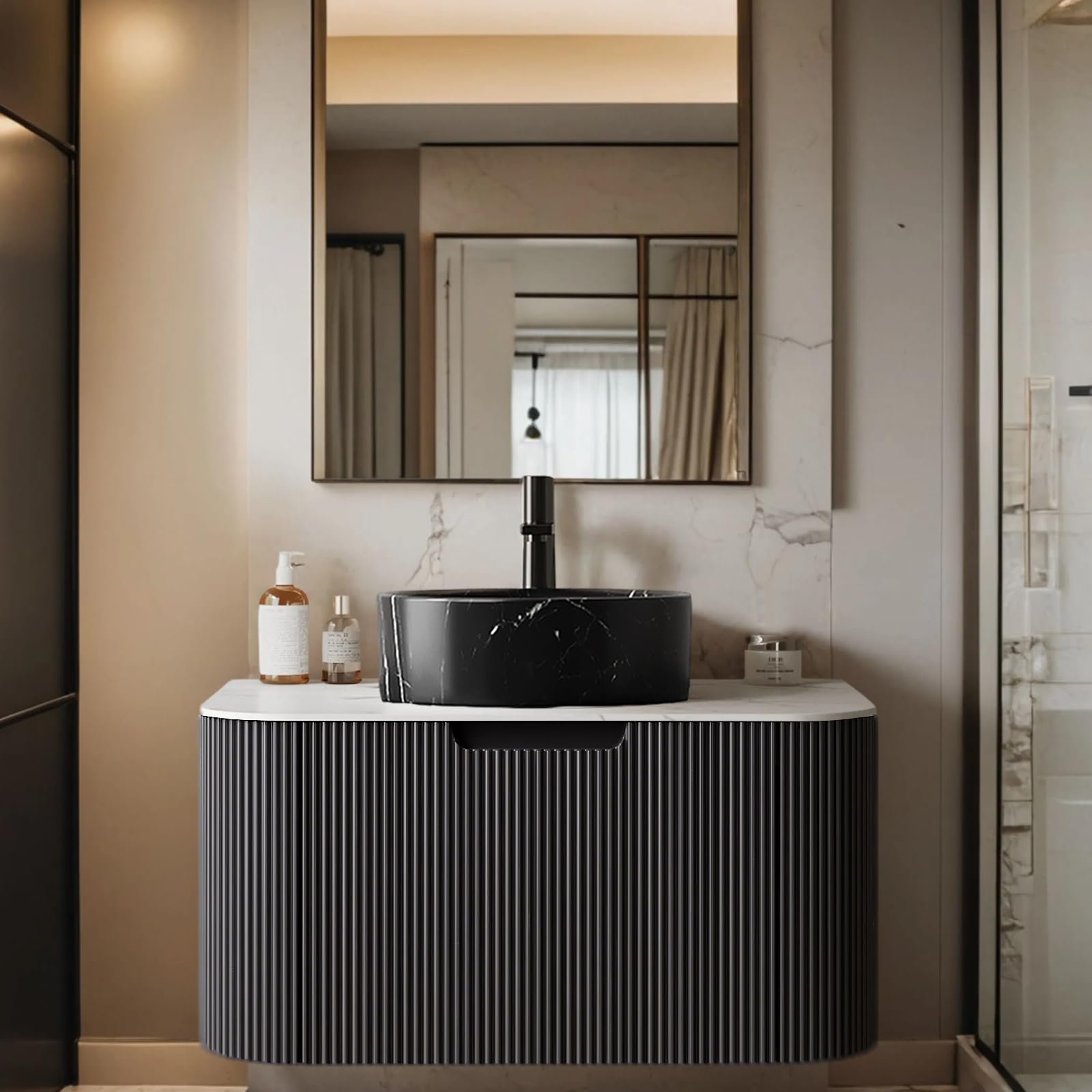 24-Inch Modern Bathroom Vanity with Sink, Floating Cabinet with Ultra-Thin Ceramic Basin and Marble Top, Extra Large Storage Drawer, Soft-Close Design, Nature Wood
