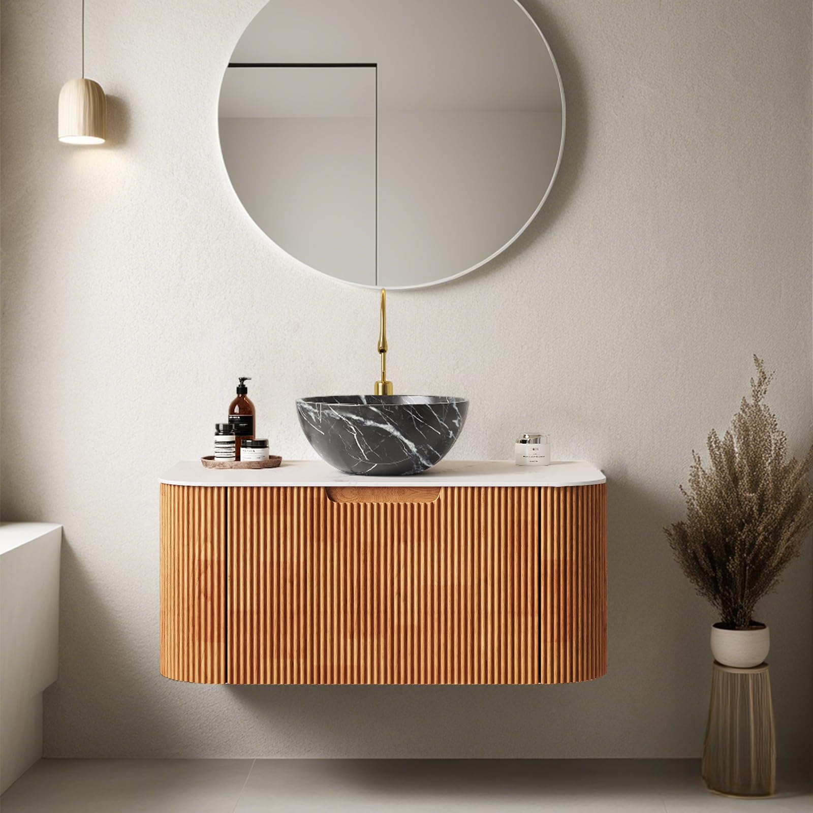 24-Inch Modern Bathroom Vanity with Sink, Floating Cabinet with Ultra-Thin Ceramic Basin and Marble Top, Extra Large Storage Drawer, Soft-Close Design, Nature Wood