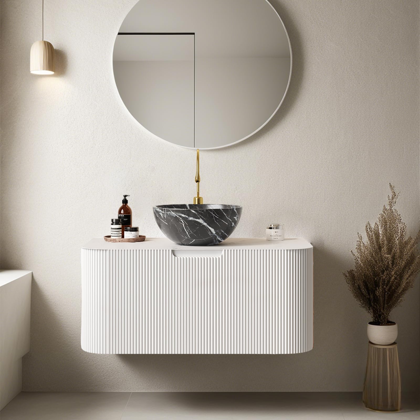24-Inch Modern Bathroom Vanity with Sink, Floating Cabinet with Ultra-Thin Ceramic Basin and Marble Top, Extra Large Storage Drawer, Soft-Close Design, Nature Wood