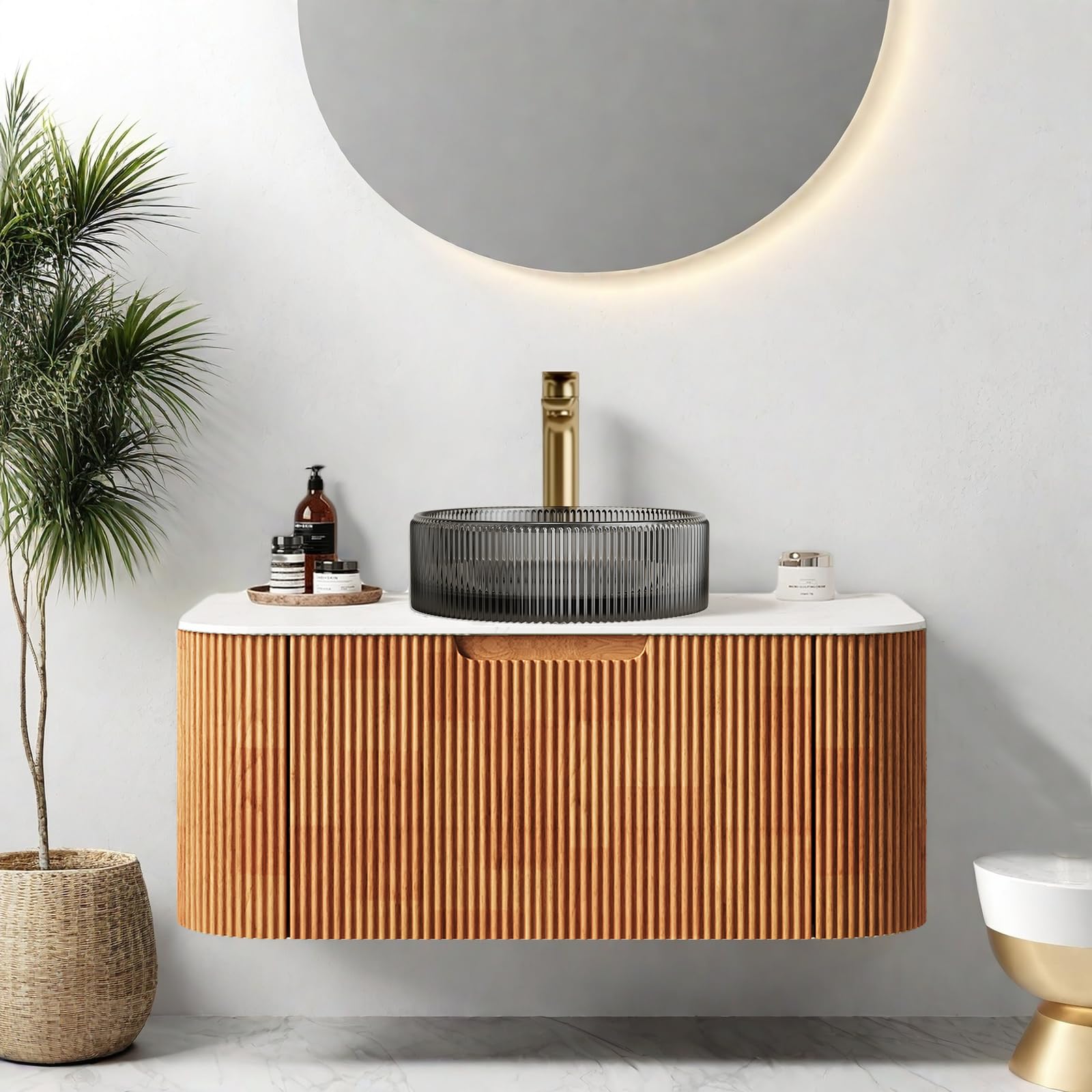 24-Inch Modern Bathroom Vanity with Sink, Floating Cabinet with Ultra-Thin Ceramic Basin and Marble Top, Extra Large Storage Drawer, Soft-Close Design, Nature Wood