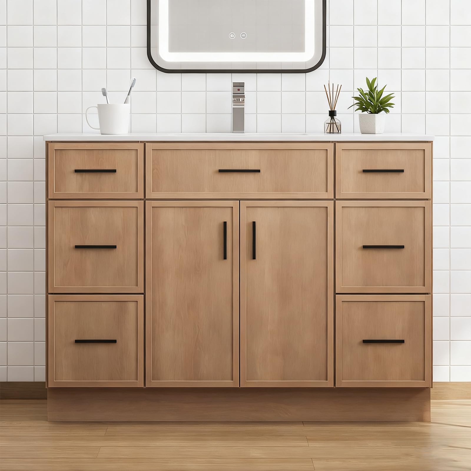 36 Inch Modern Bathroom Vanity with Sink, Natural wood color Freestanding Vanity for Floor Standing Storage and White Ceramic Basin (36")