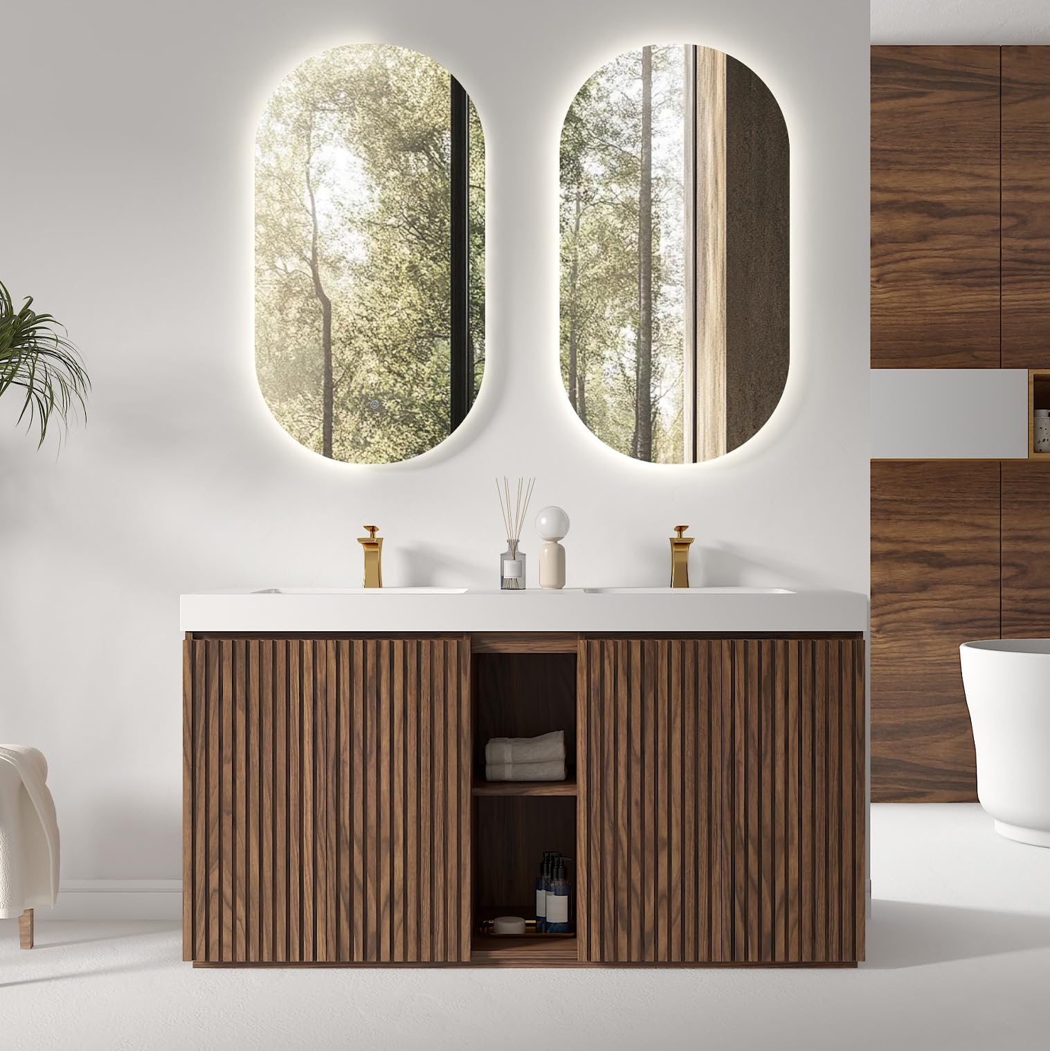 60" Bathroom Vanity with Double Sink, Freestanding Double Sink Bathroom Vanity with White Engineered Stone Top, Open Storage Cabinet & Adjustable Shelf, 4 Soft-Closing Doors, Smoked Oak Brown