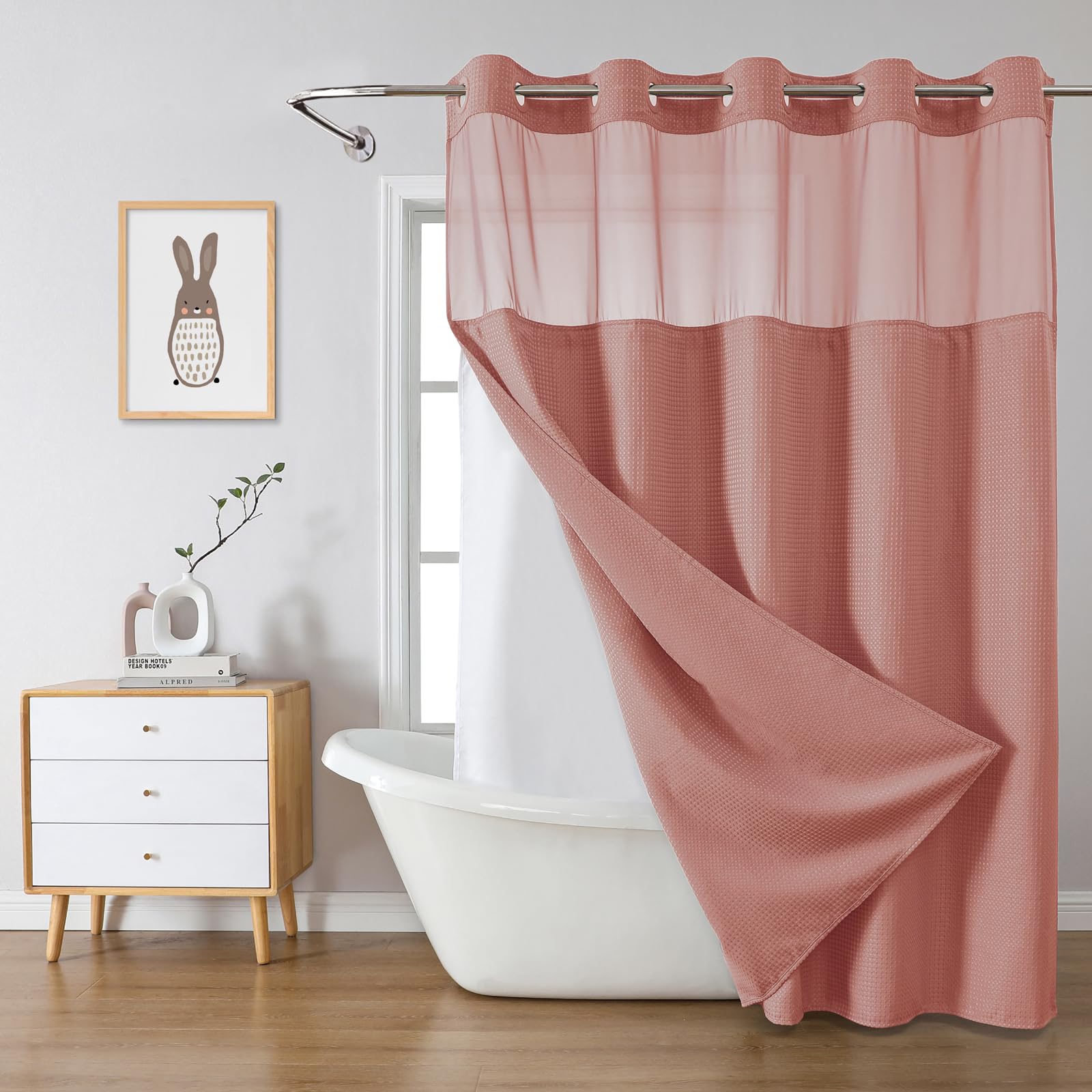 eachope BurntOrange Extra Long No Hook Waffle Weave Shower Curtain with snap-in Liner Replacement, 230GSM Waterproof Fabric Hotel Shower Curtain Set for Bathroom, Through Mesh Top Window,71Wx86H