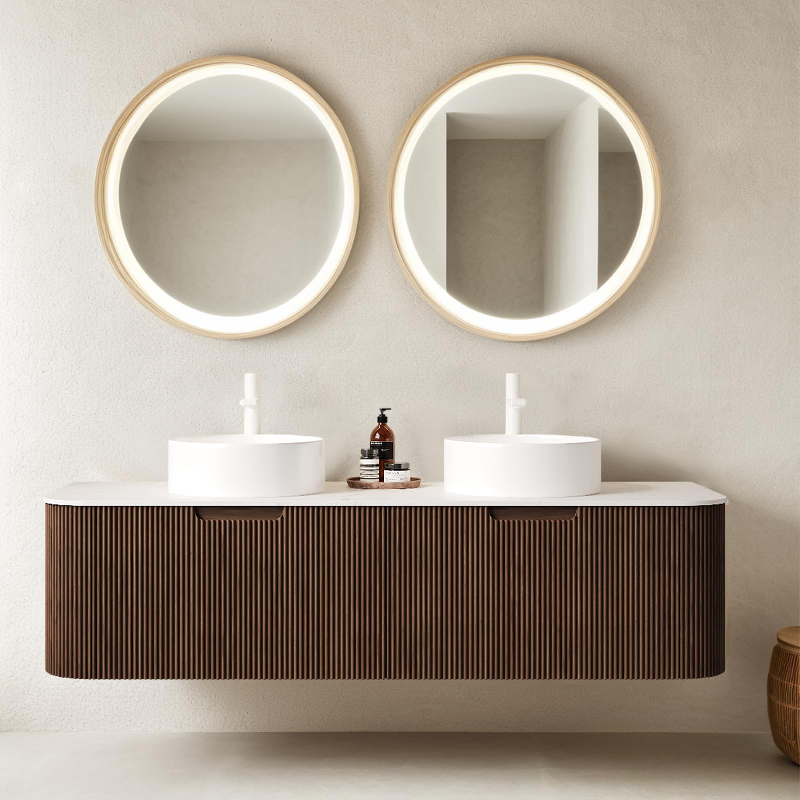 24-Inch Modern Bathroom Vanity with Sink, Floating Cabinet with Ultra-Thin Ceramic Basin and Marble Top, Extra Large Storage Drawer, Soft-Close Design, Nature Wood