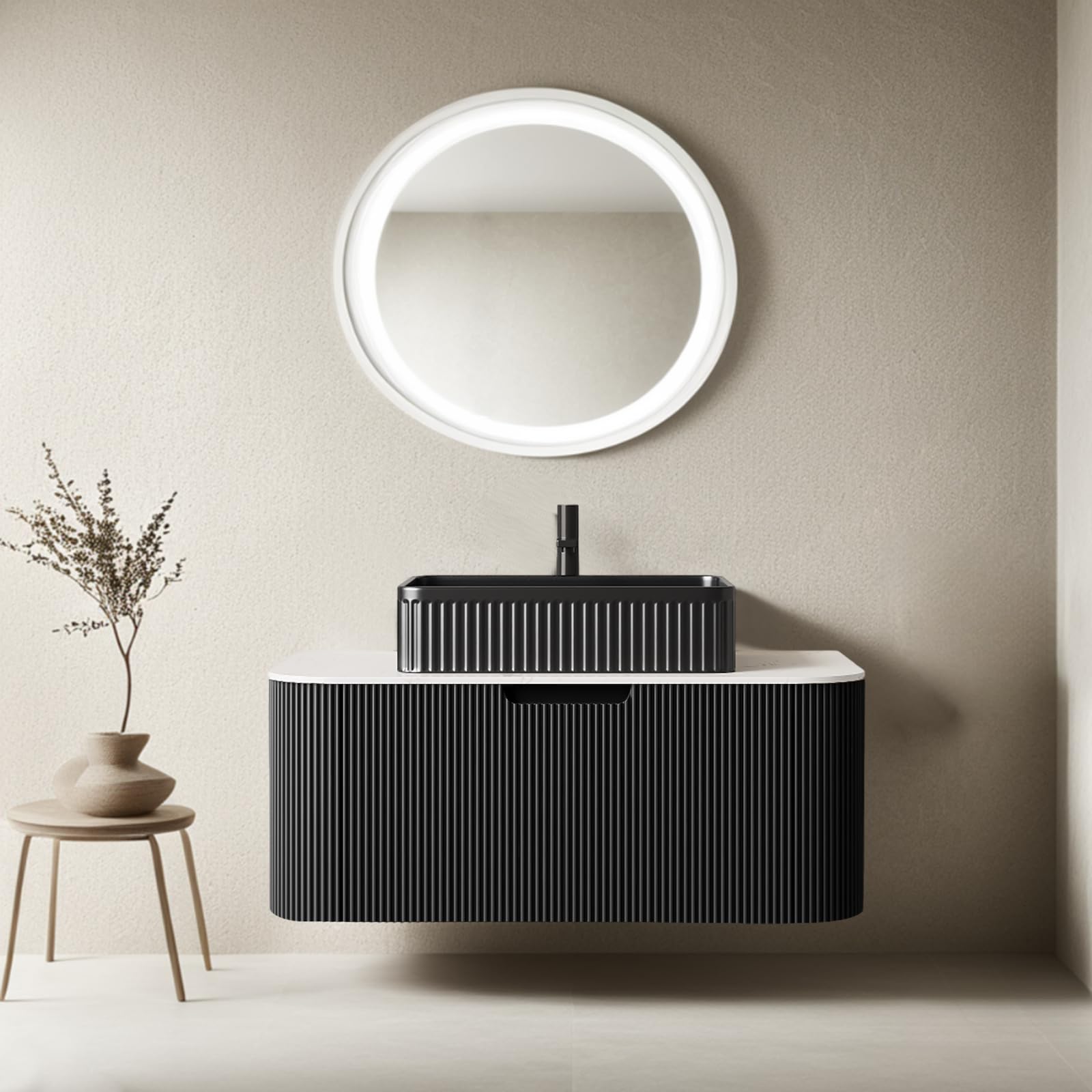 24-Inch Modern Bathroom Vanity with Sink, Floating Cabinet with Ultra-Thin Ceramic Basin and Marble Top, Extra Large Storage Drawer, Soft-Close Design, Nature Wood