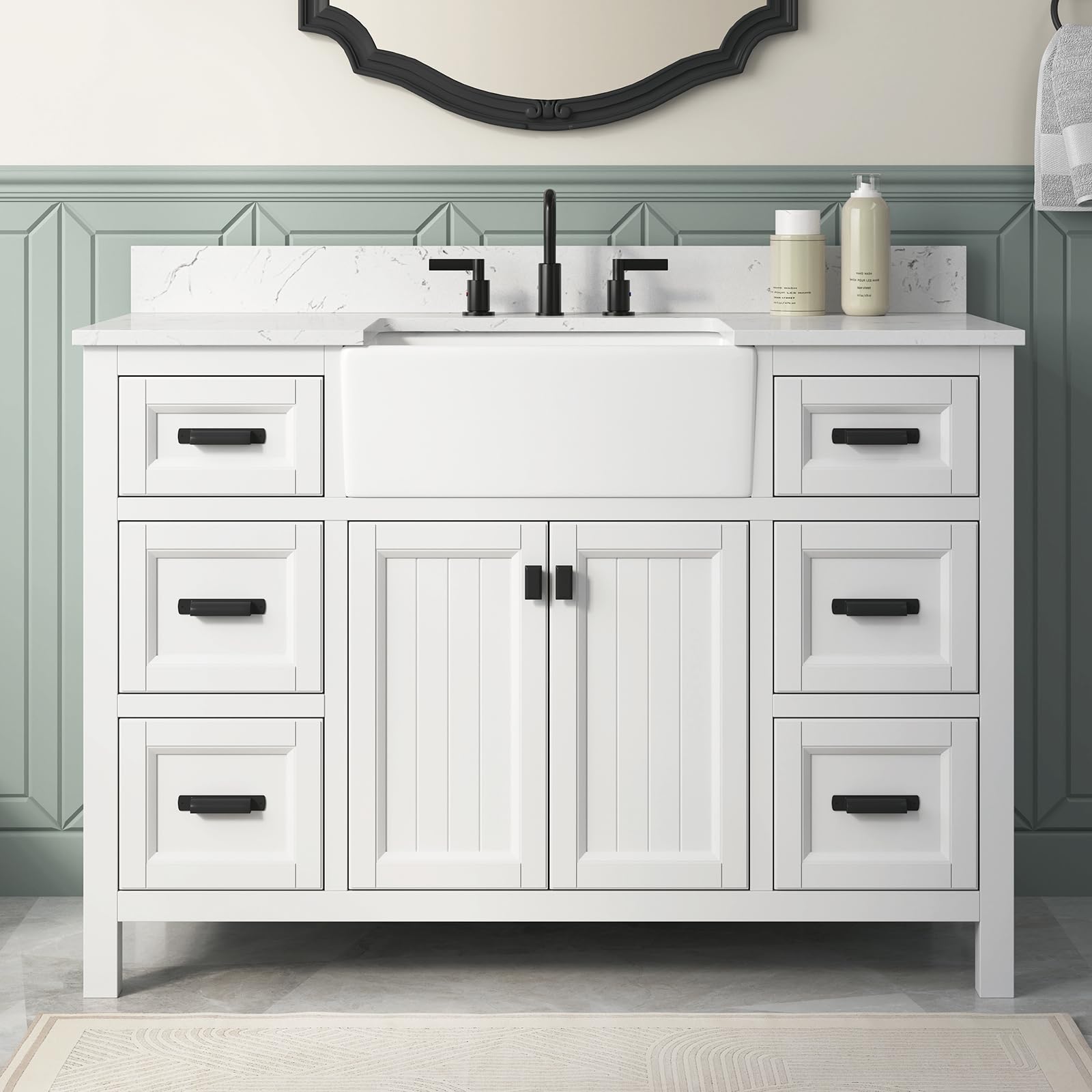 48 Inch Bathroom Vanity with Sink, Modern Steel Blue Bathroom Vanities with Soft Closing Doors & Dovetail Drawers, Quartz Countertop, No Assembly Required
