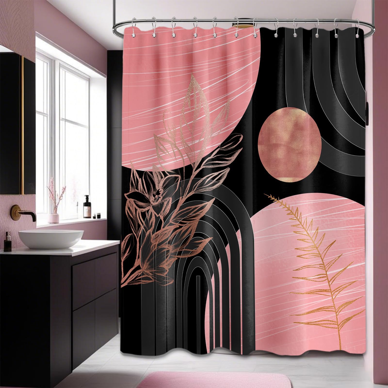 Mid Century Modern Black and Brown Shower Curtain Boho Beige and Dark Tan Gold Shower Curtains for Mens Bathroom Decor Sets, Waterproof Cloth Fabric with Hooks, 70x72in