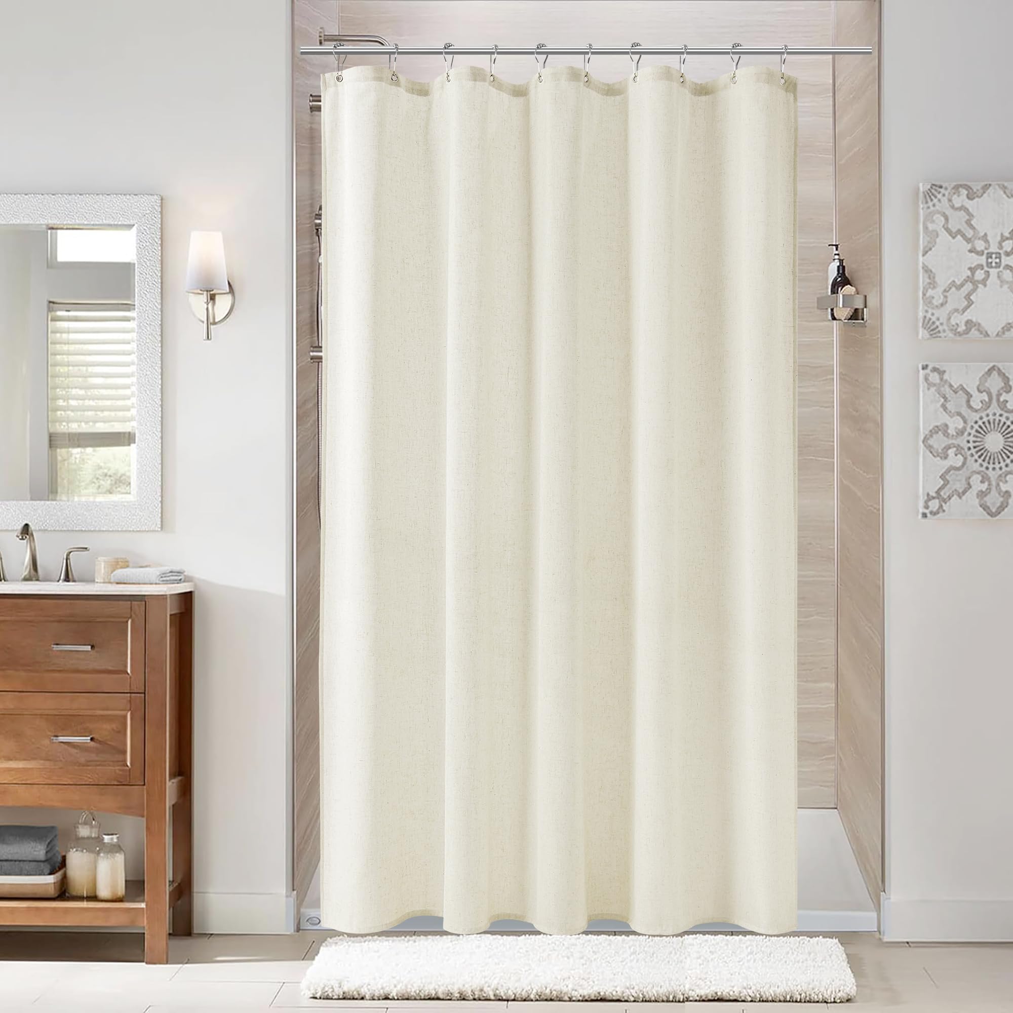 Naturoom Natural Linen Shower Curtain, Country Boho Farmhouse Bath Decor Beige Shower Curtains for Bathroom Neutral Cloth Weighted Textured Fabric Bath Curtain Liner with Hooks, Cream, 72 Inch
