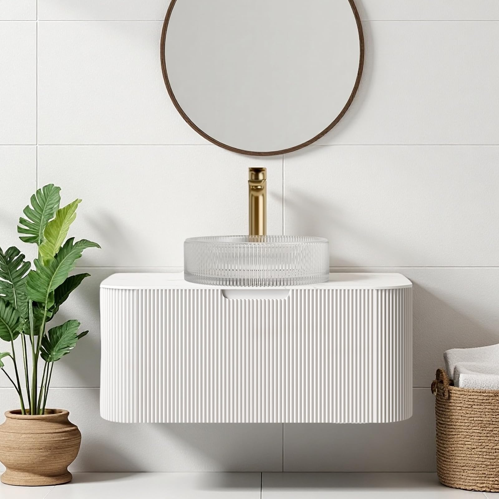 24-Inch Modern Bathroom Vanity with Sink, Floating Cabinet with Ultra-Thin Ceramic Basin and Marble Top, Extra Large Storage Drawer, Soft-Close Design, Nature Wood