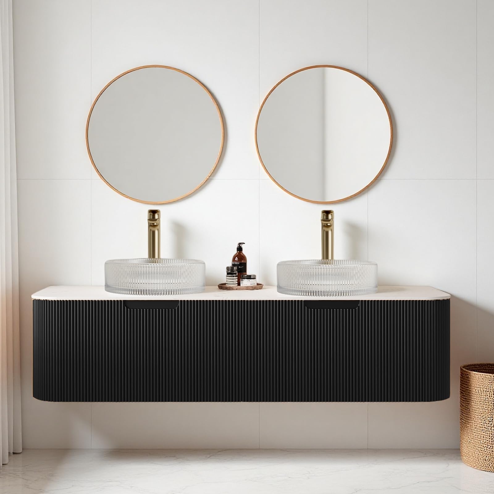 24-Inch Modern Bathroom Vanity with Sink, Floating Cabinet with Ultra-Thin Ceramic Basin and Marble Top, Extra Large Storage Drawer, Soft-Close Design, Nature Wood