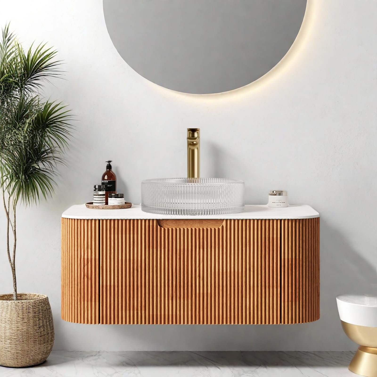 24-Inch Modern Bathroom Vanity with Sink, Floating Cabinet with Ultra-Thin Ceramic Basin and Marble Top, Extra Large Storage Drawer, Soft-Close Design, Nature Wood