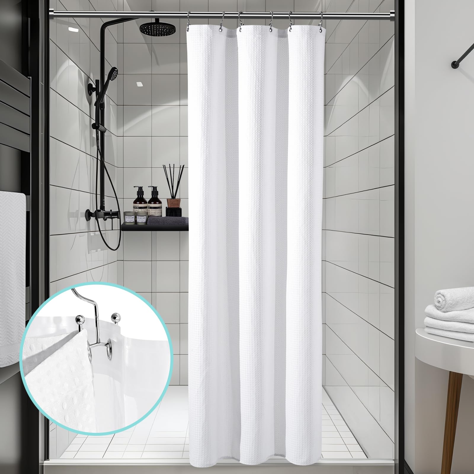 Vipfree 3 in 1 Shower Curtain Set, Waffle Shower Curtain and Liner Set with 12 Double Sided Shower Curtain Hooks, 258GSM Luxury Weighted Cloth Shower Curtains for Bathroom, 72 W x 72 H, White