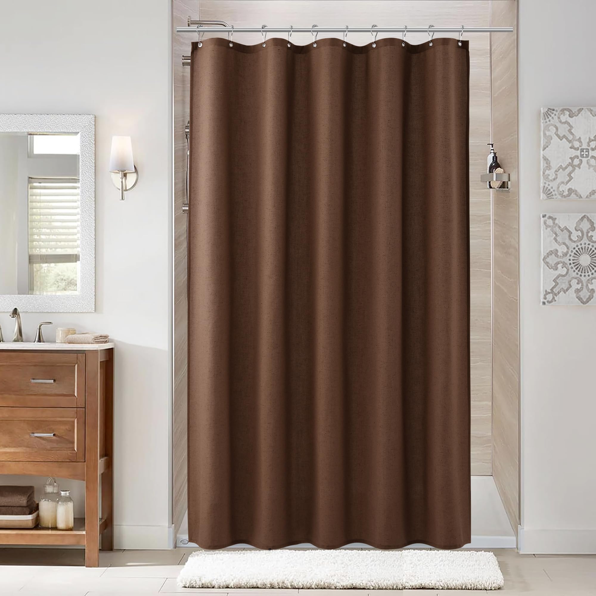 Naturoom Natural Linen Shower Curtain, Country Boho Farmhouse Bath Decor Beige Shower Curtains for Bathroom Neutral Cloth Weighted Textured Fabric Bath Curtain Liner with Hooks, Cream, 72 Inch