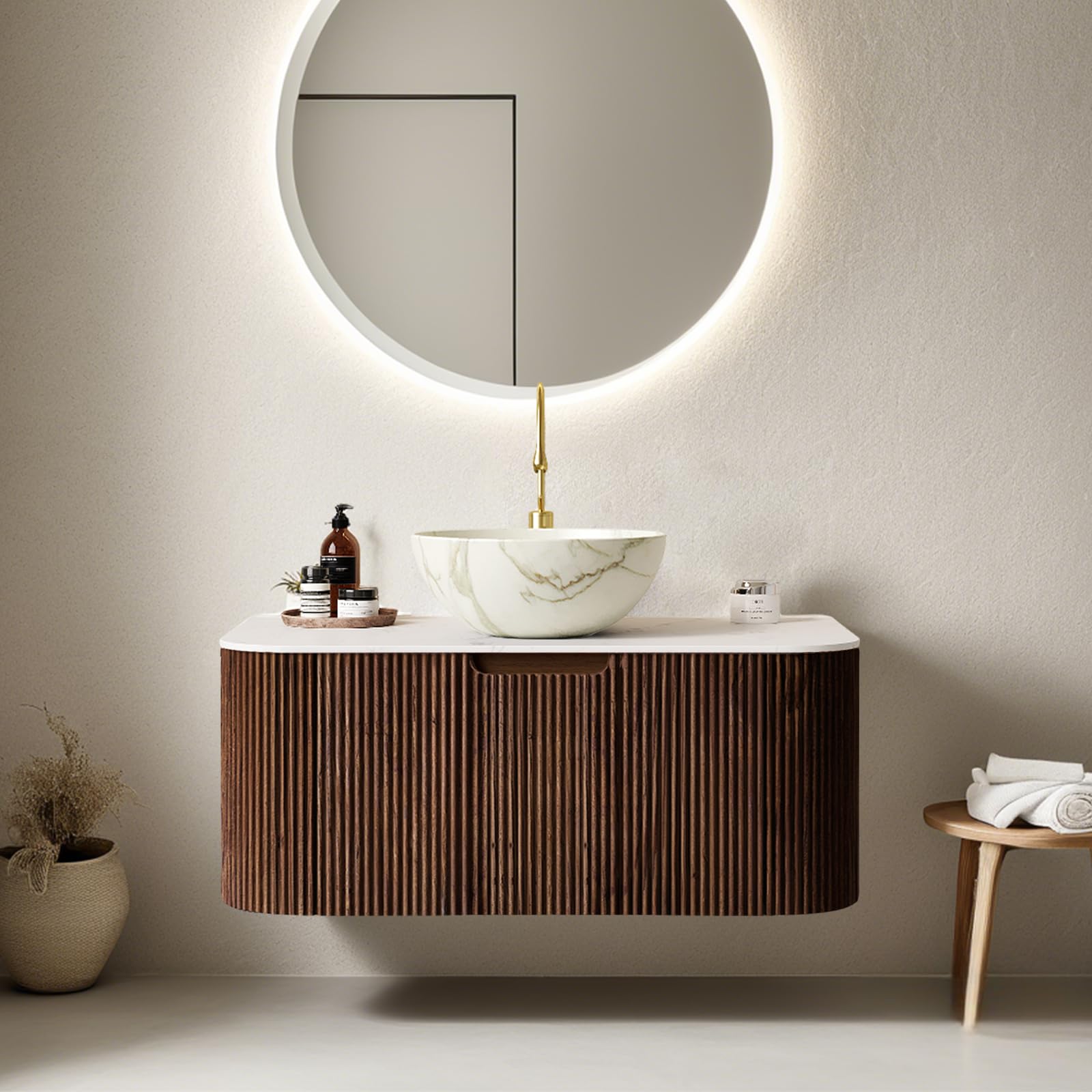 24-Inch Modern Bathroom Vanity with Sink, Floating Cabinet with Ultra-Thin Ceramic Basin and Marble Top, Extra Large Storage Drawer, Soft-Close Design, Nature Wood