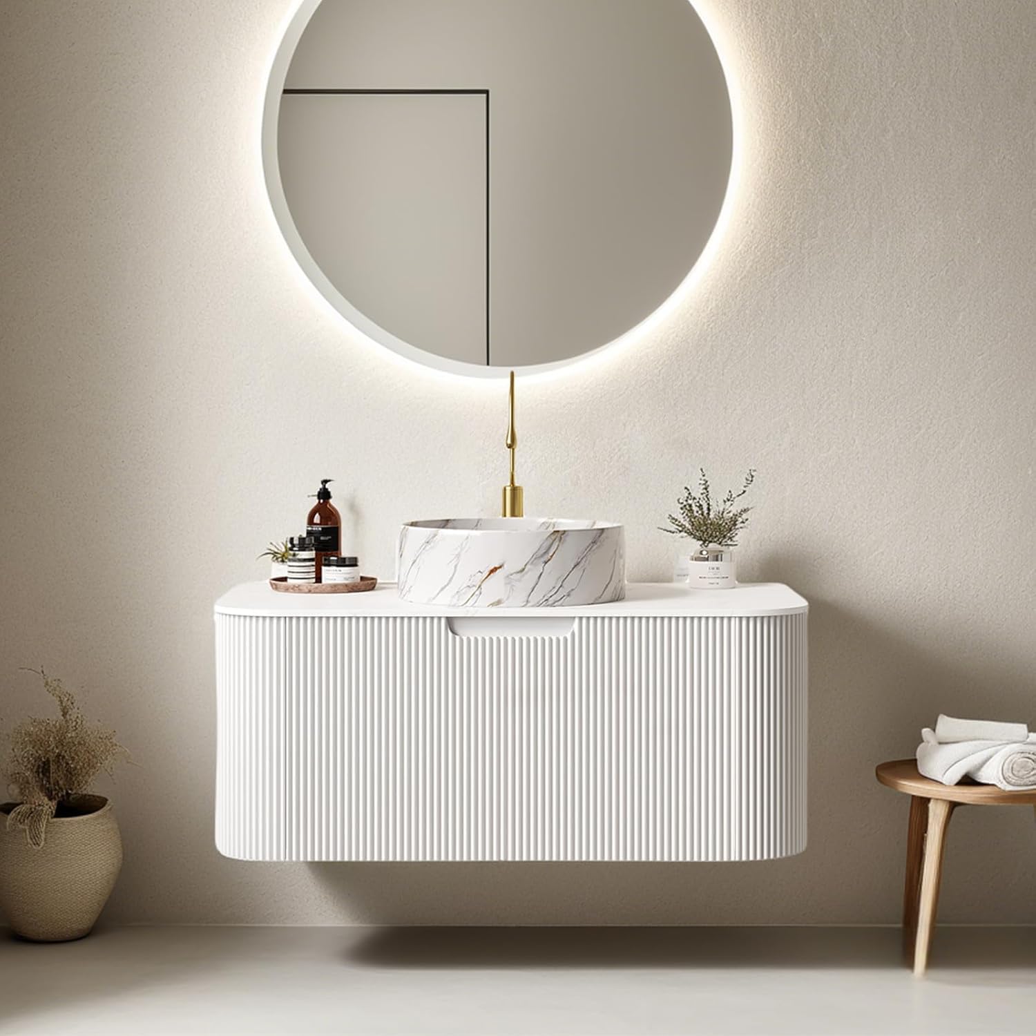 24-Inch Modern Bathroom Vanity with Sink, Floating Cabinet with Ultra-Thin Ceramic Basin and Marble Top, Extra Large Storage Drawer, Soft-Close Design, Nature Wood