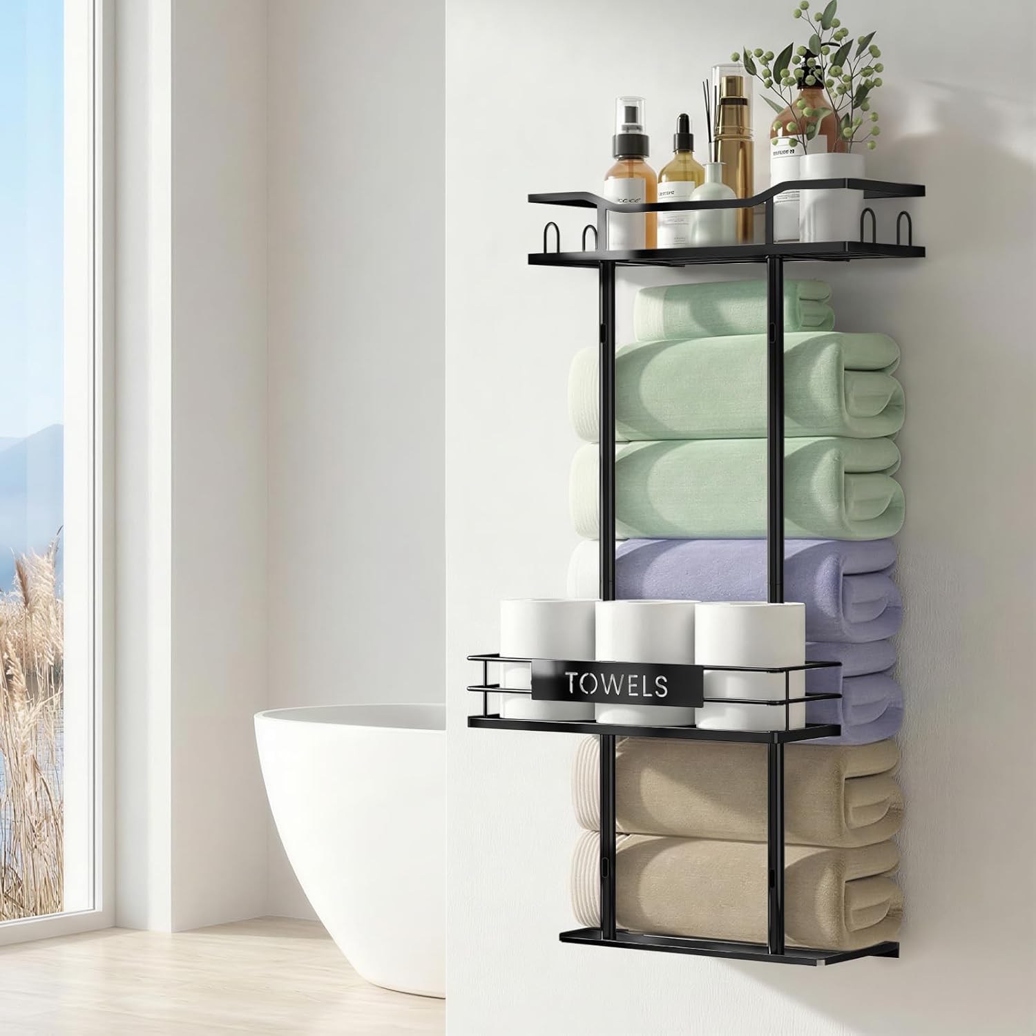 Towel Racks for Bathroom, 30inch Wall Mounted Towel Rack, Towel Storage for Small Bathroom Can Holds 6 Large Towels, Floating Shelf with Adjustable Tissue Basket(Black).